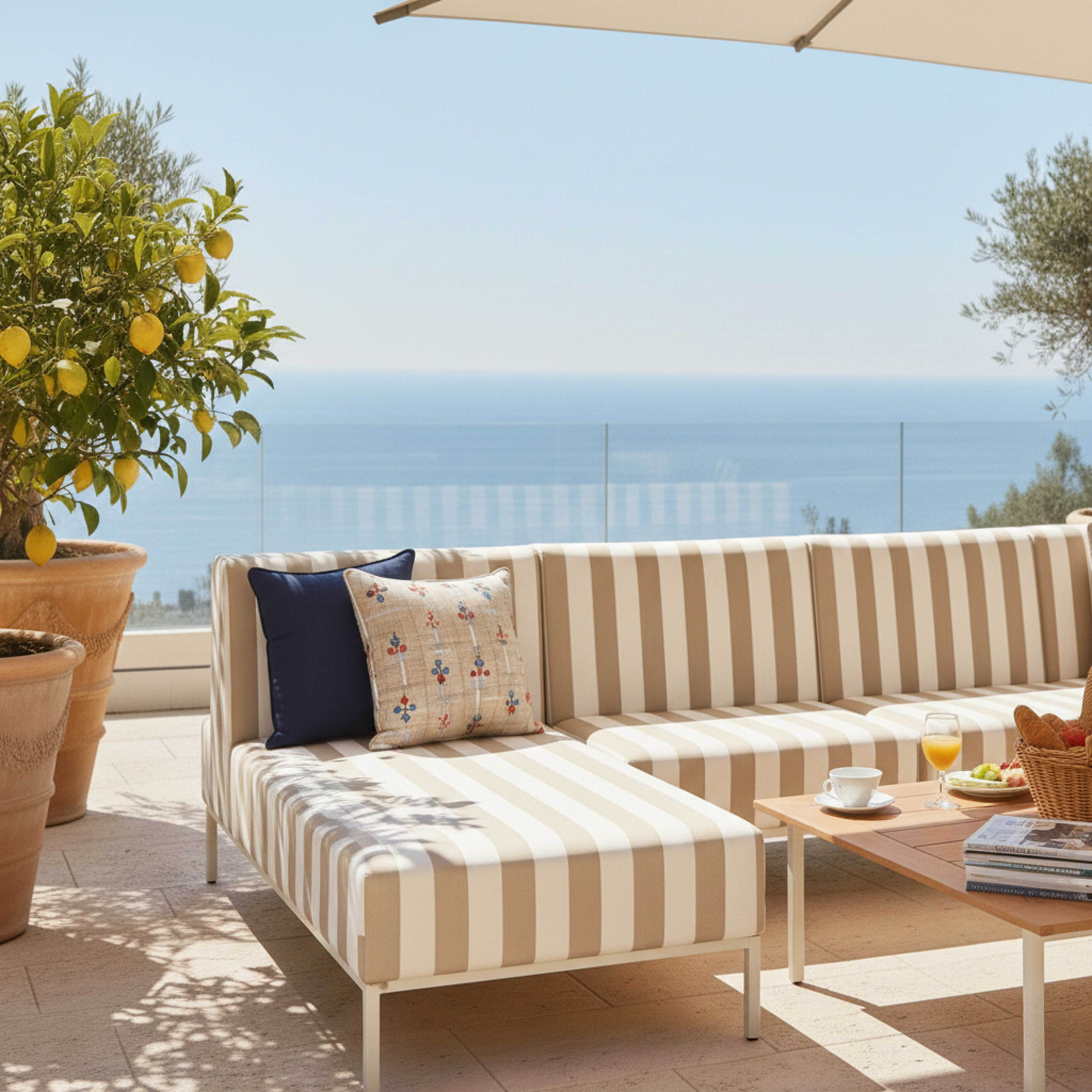 Gestreiftes Sofa am Meer mit Zitronenbaum und Tisch mit Getränk.