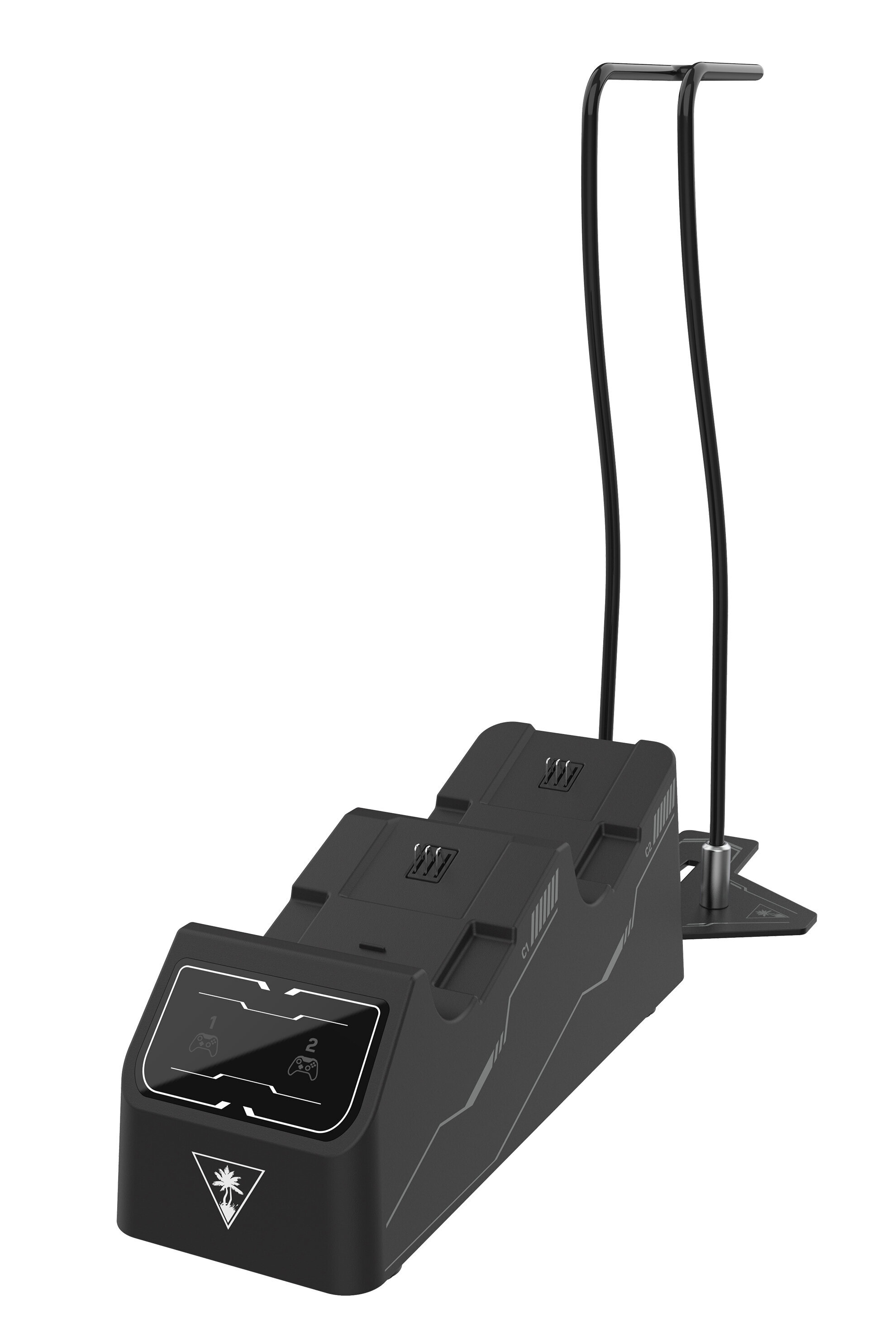 Czarna ładowarka do dwóch kontrolerów z cyfrowym wyświetlaczem i wskaźnikami.