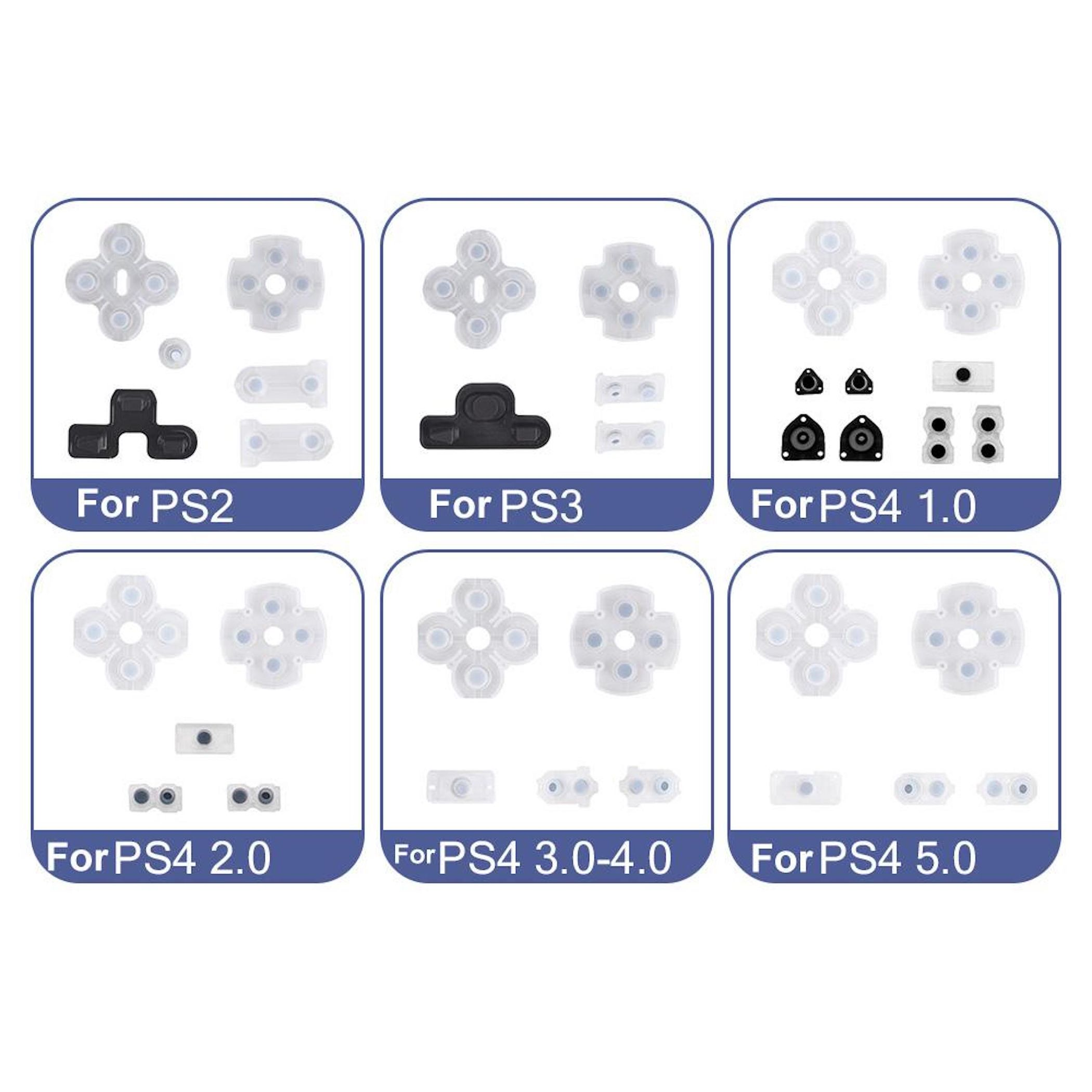 Sechs Tafeln, die Controller-Tastenersatzteile für PS2, PS3 und PS4 zeigen.