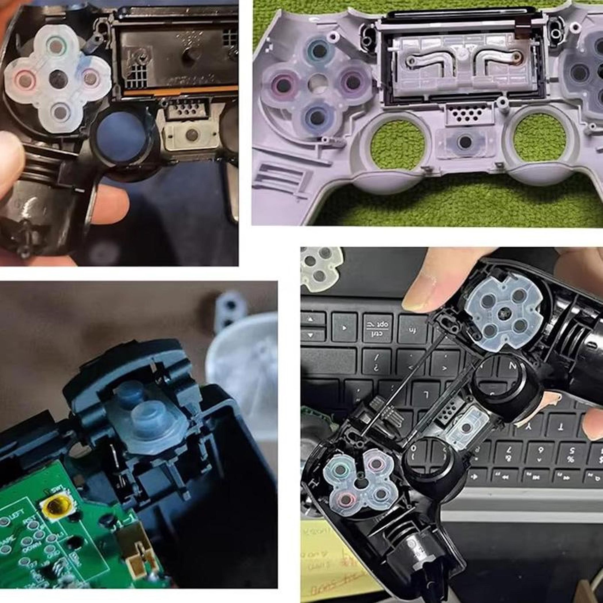 Zerlegte Controller mit bunten Gummidrucktasten und Platine.
