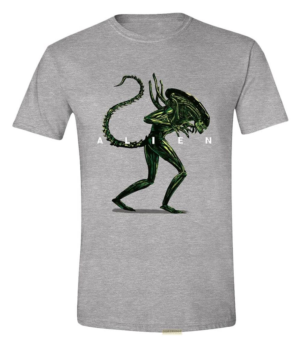 Graues T-Shirt mit Alien-Grafik und den Buchstaben A, I, E, N.