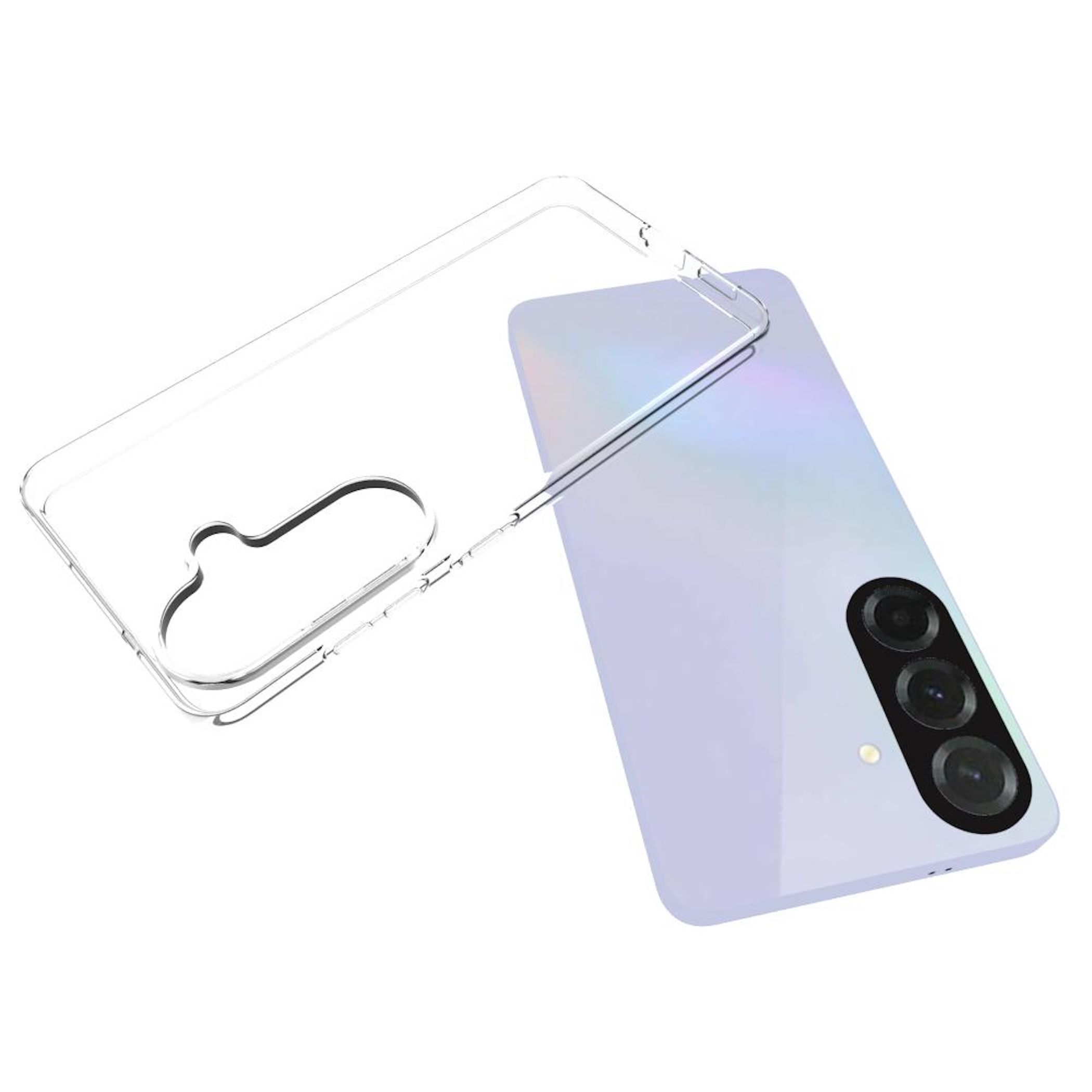 Transparente Handyhülle über einem hellvioletten Smartphone mit drei Kameras.