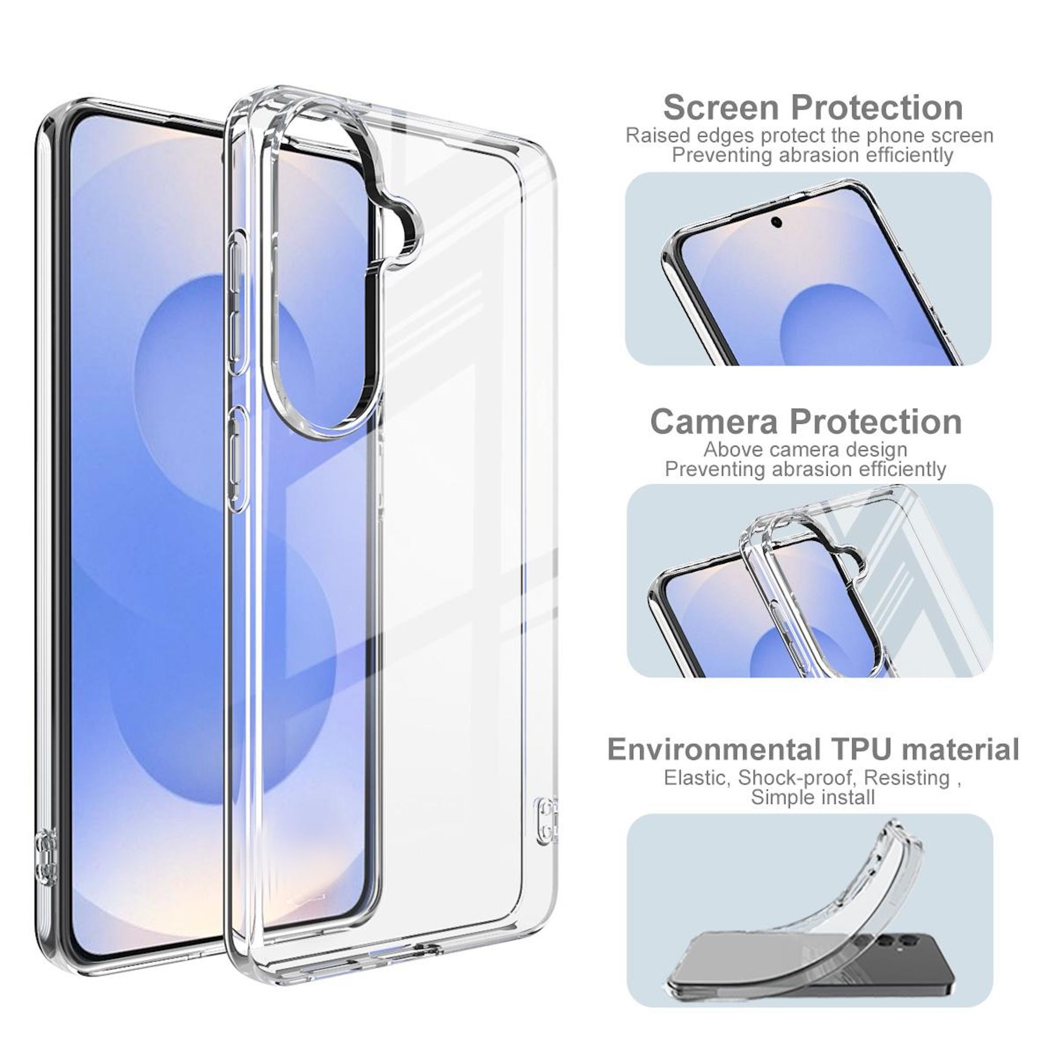 Transparente Handyhülle schützt Bildschirm und Kamera. TPU-Material.