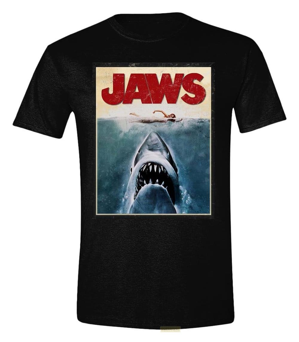 Ein Hai greift eine Frau an, mit dem Wort JAWS darüber.