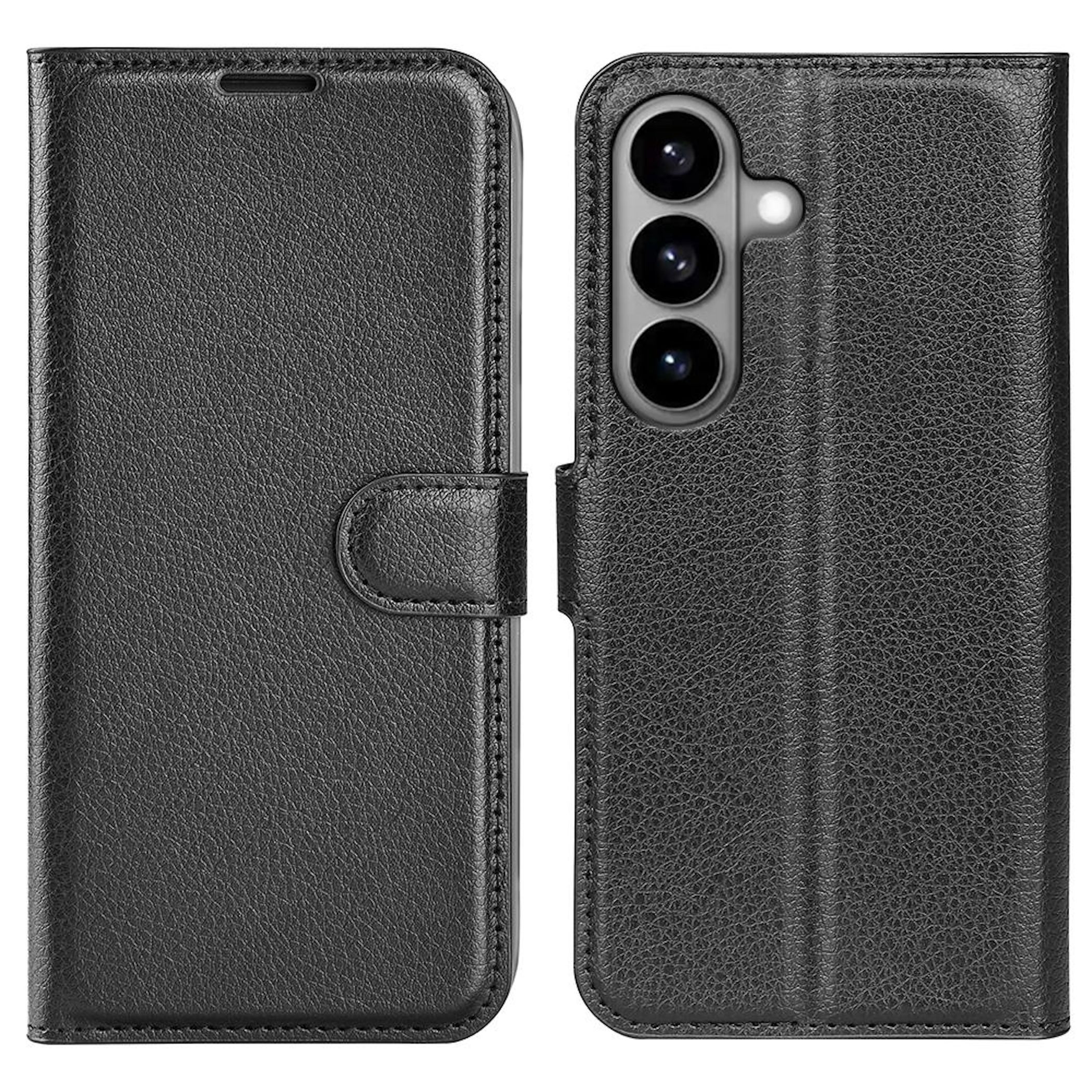 Funda negra de cuero tipo libro con tres lentes de cámara a la derecha.