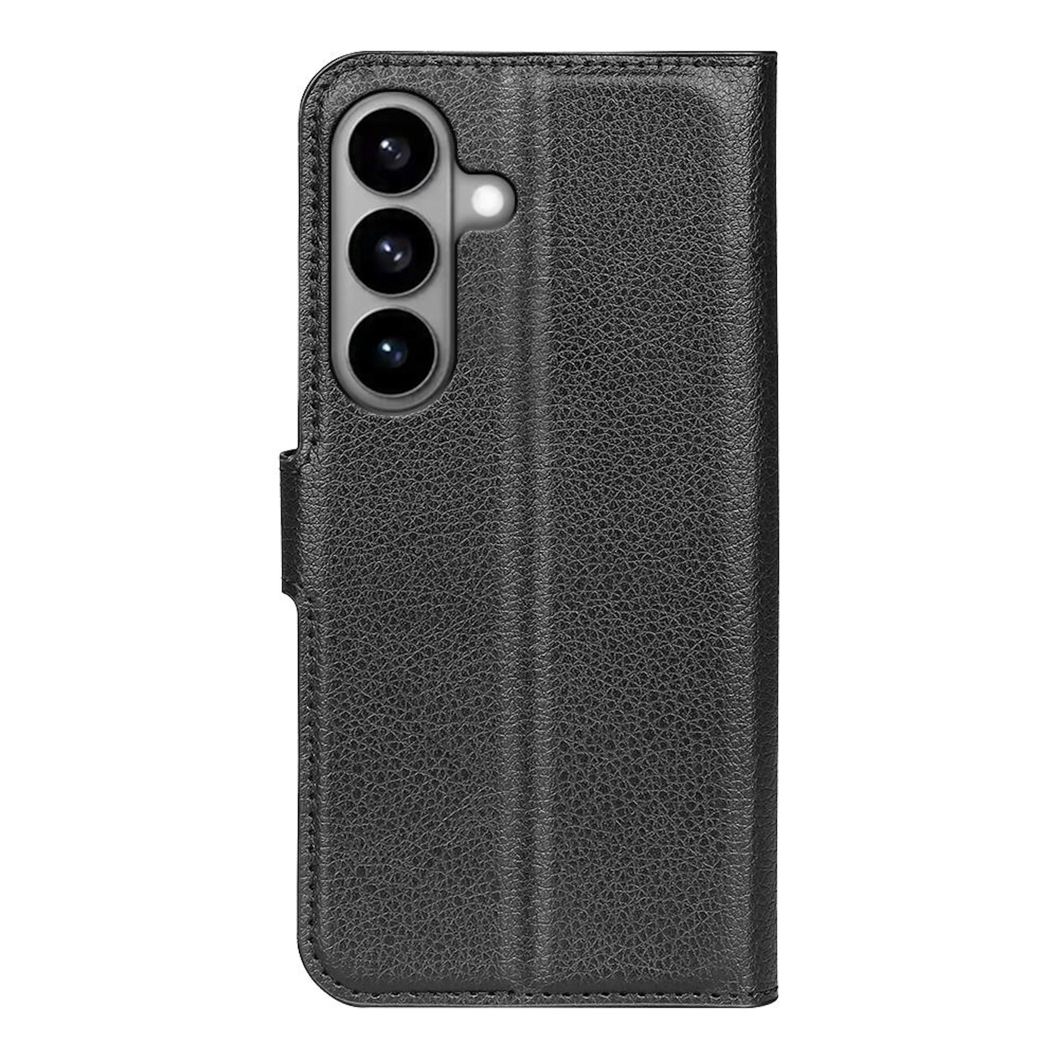 Funda de teléfono negra con tres lentes de cámara y un flash.