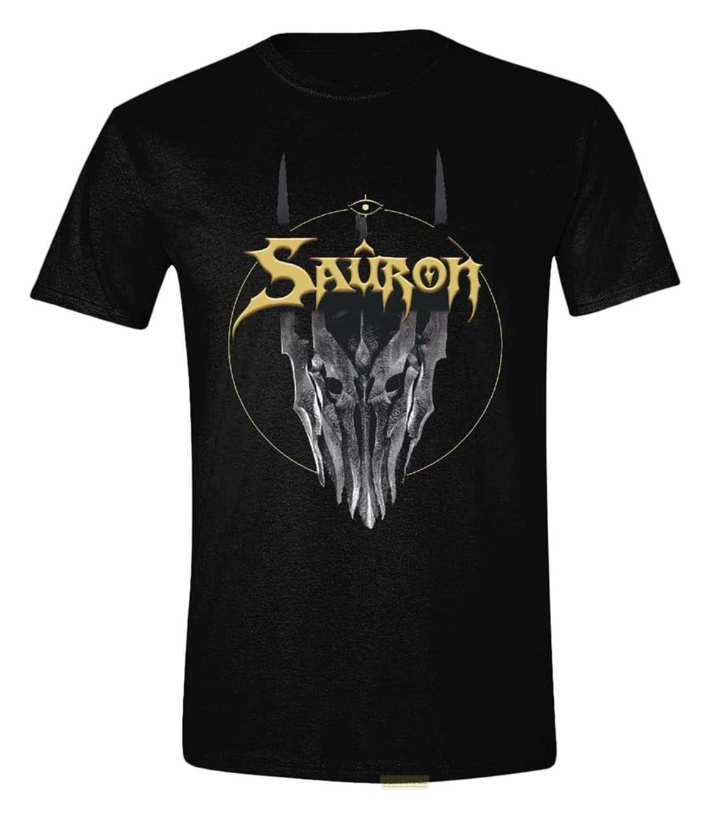 Schwarzes T-Shirt mit Sauron-Logo und Totenkopf-Design.