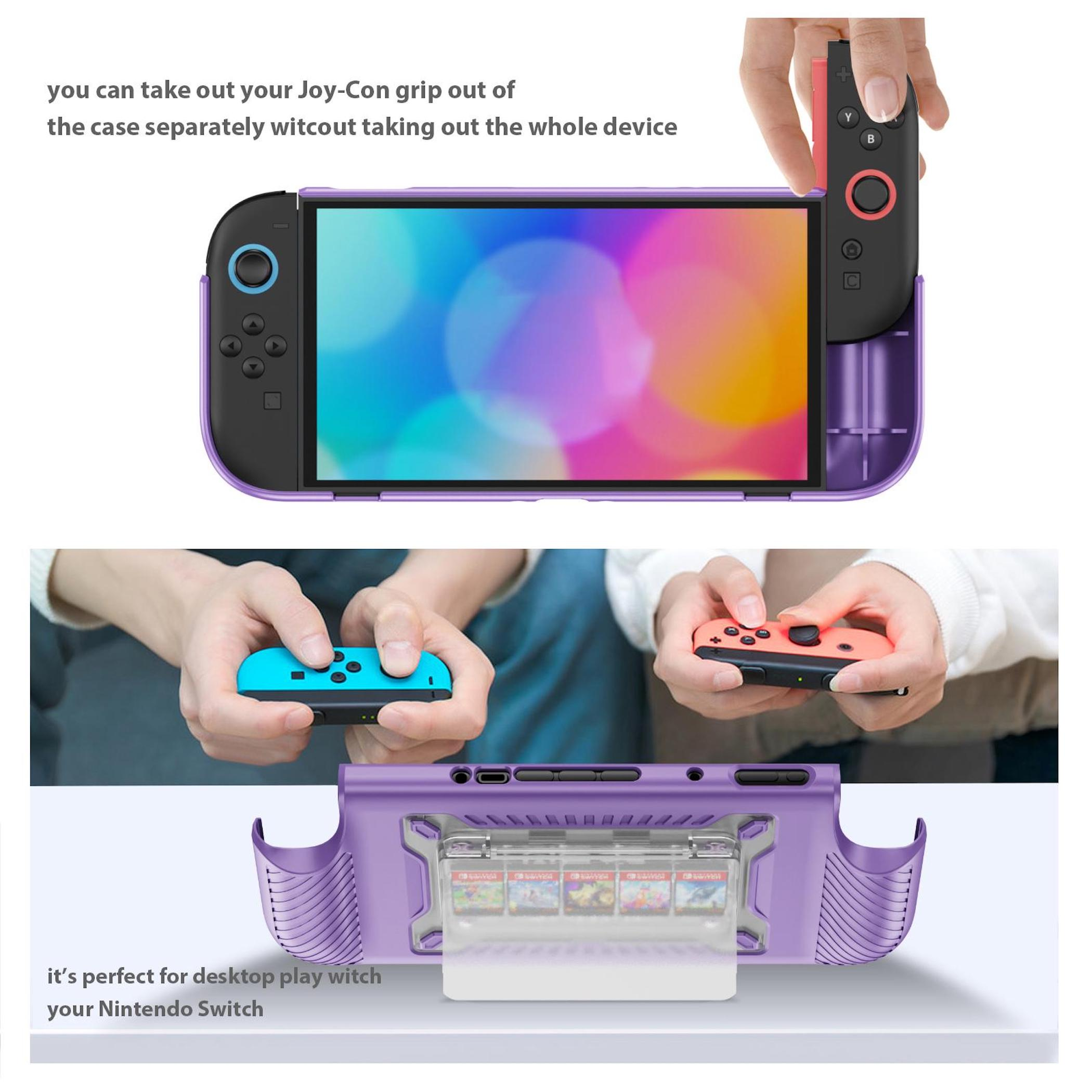 Nintendo Switch con funda morada, Joy-Cons y soporte para tarjetas.