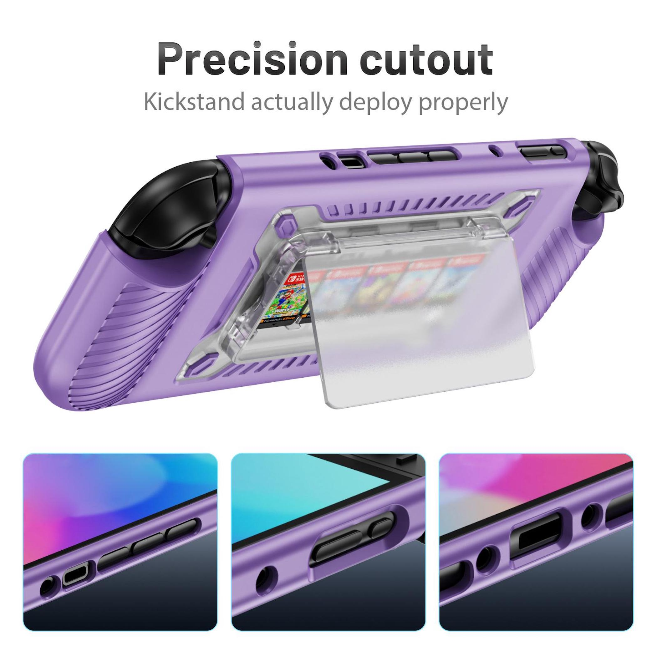 Funda morada con soporte desplegable y recortes precisos para puertos.