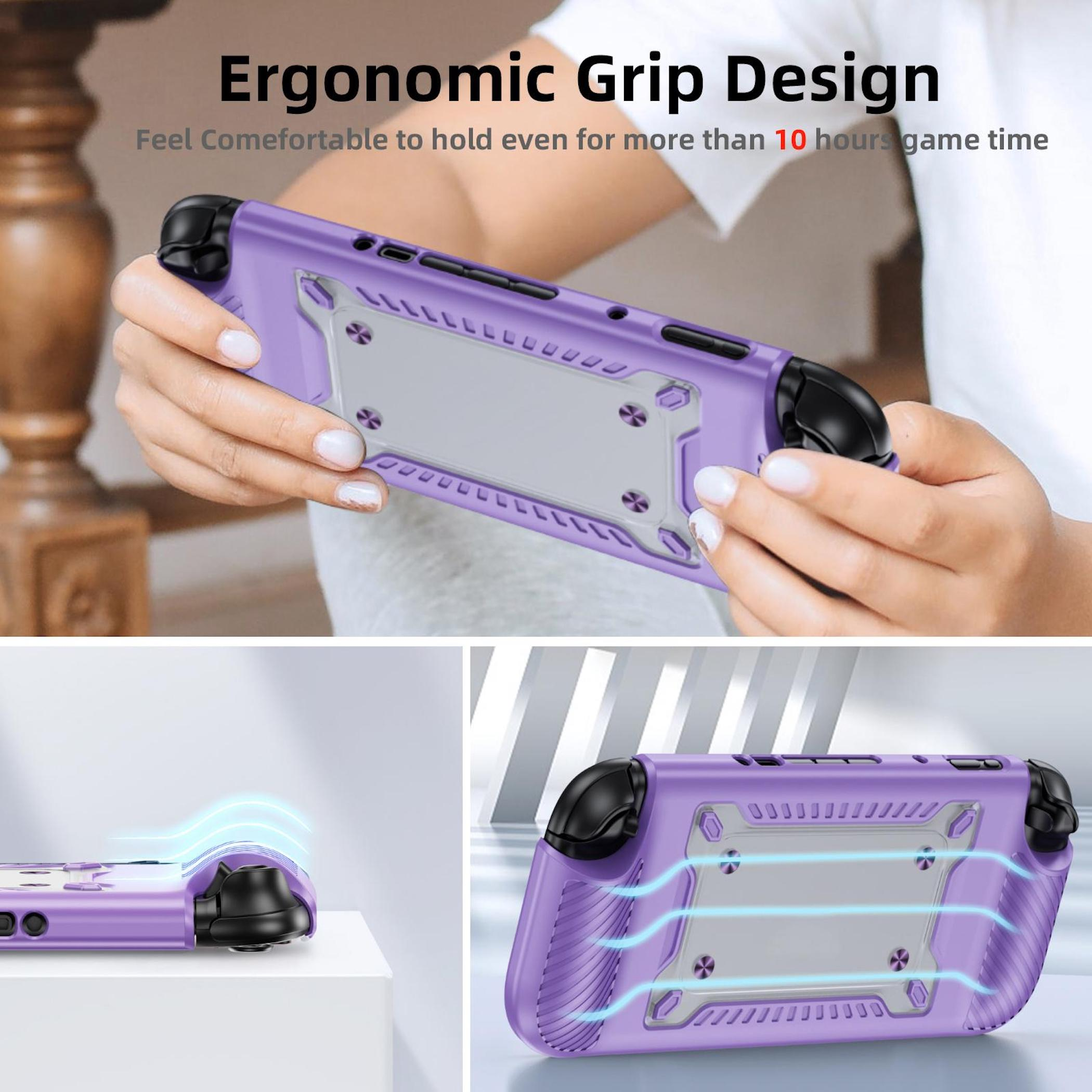 Se muestra una funda de agarre ergonómico morada para un dispositivo de juego, sostenida por manos.