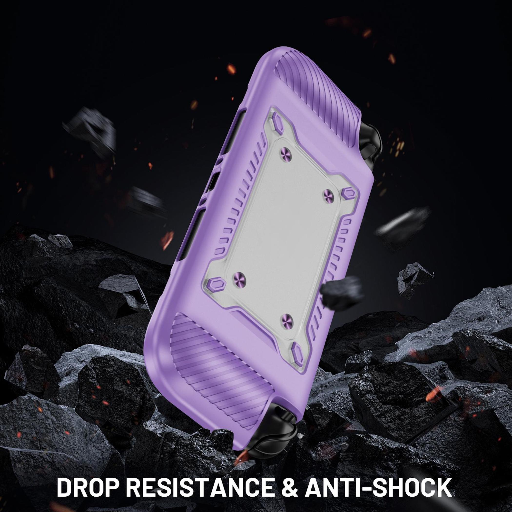 Una funda morada flota sobre rocas negras con brasas brillantes.