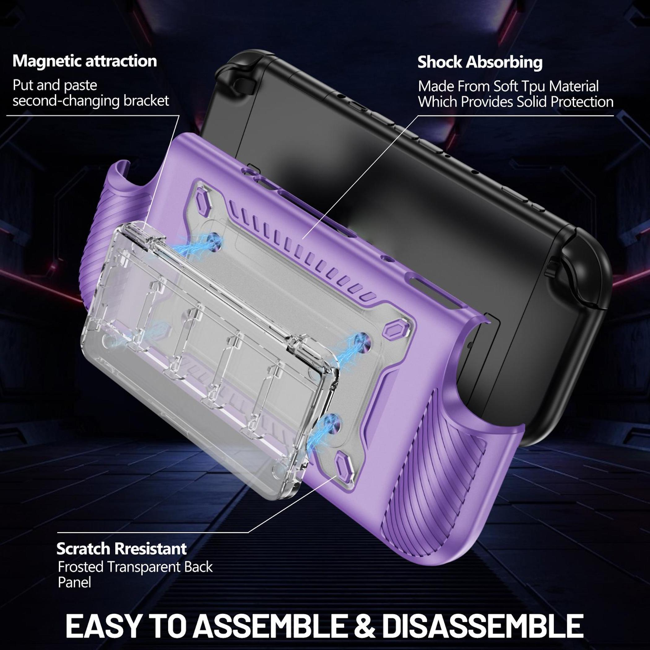 Funda morada y negra para dispositivo con fijación magnética y amortiguación.