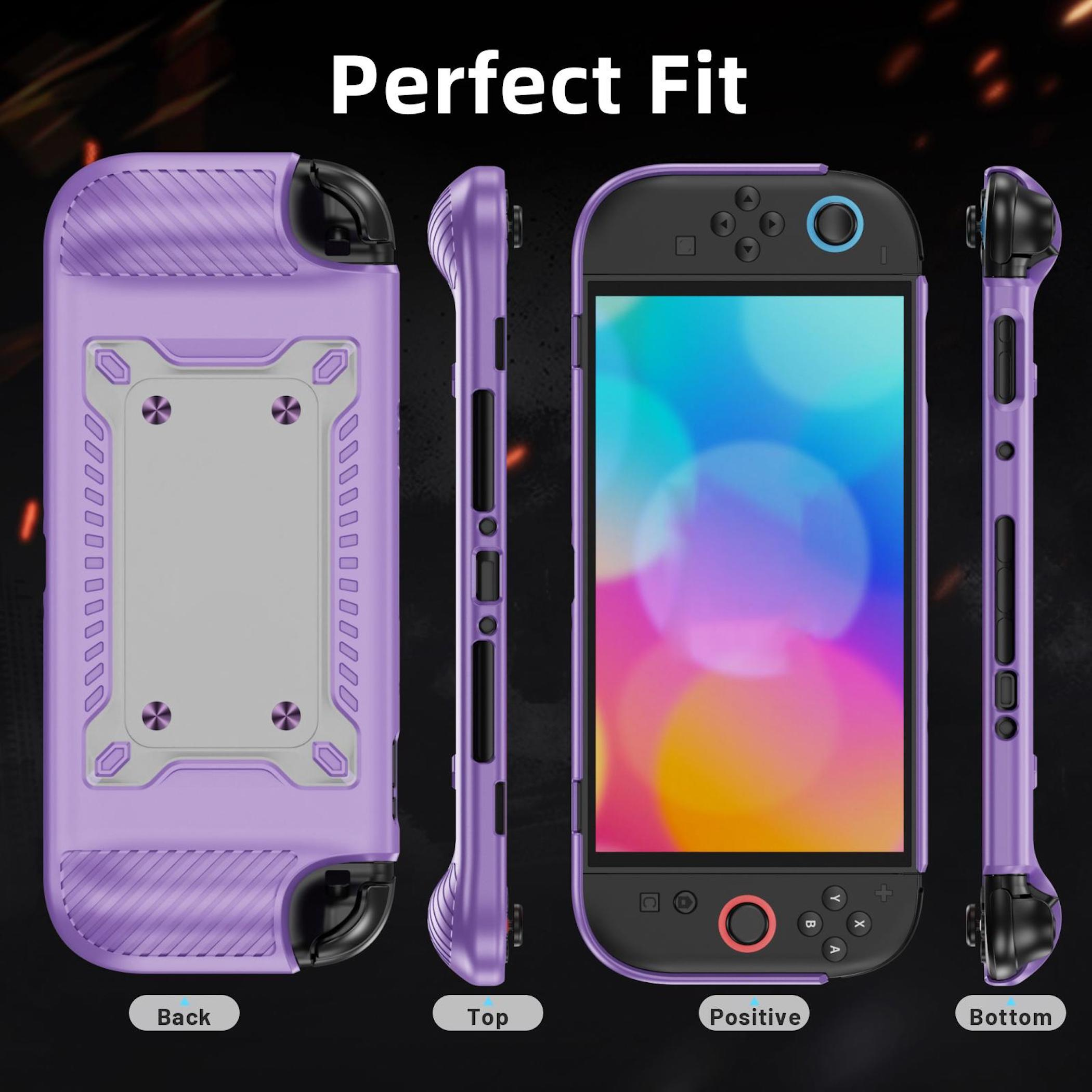 Funda protectora morada para Nintendo Switch: vista trasera, superior, frontal e inferior.