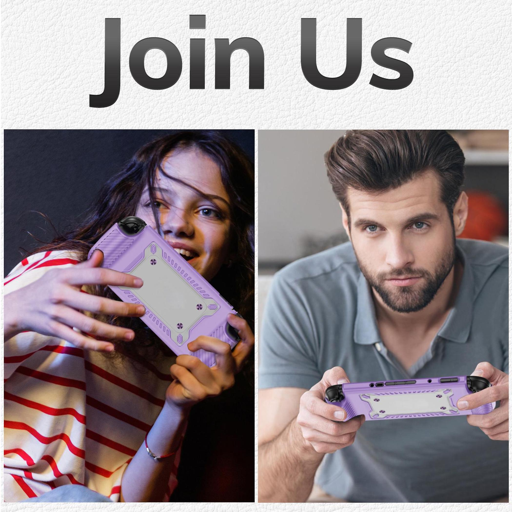 Dos personas, una chica y un hombre, sostienen consolas de juegos moradas. Texto: "Join Us".