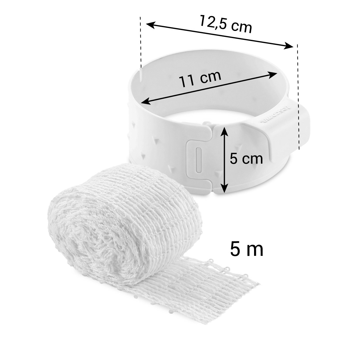 Weißer flexibler Verband (5m) und eine weiße Halterung (12,5x11x5cm).