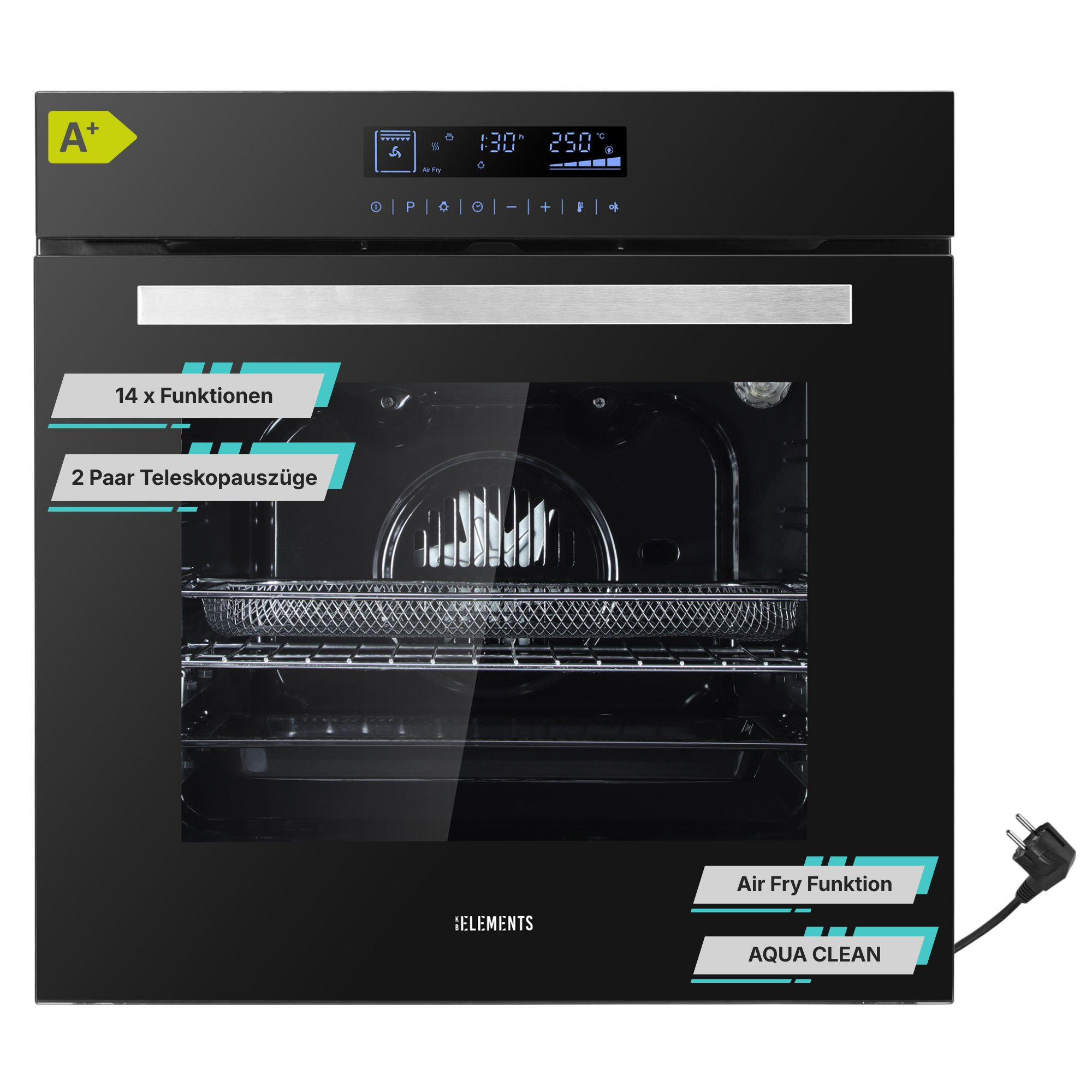 Moderner schwarzer Einbauofen mit digitaler Anzeige, 14 Funktionen, Air Fry und Aqua Clean.