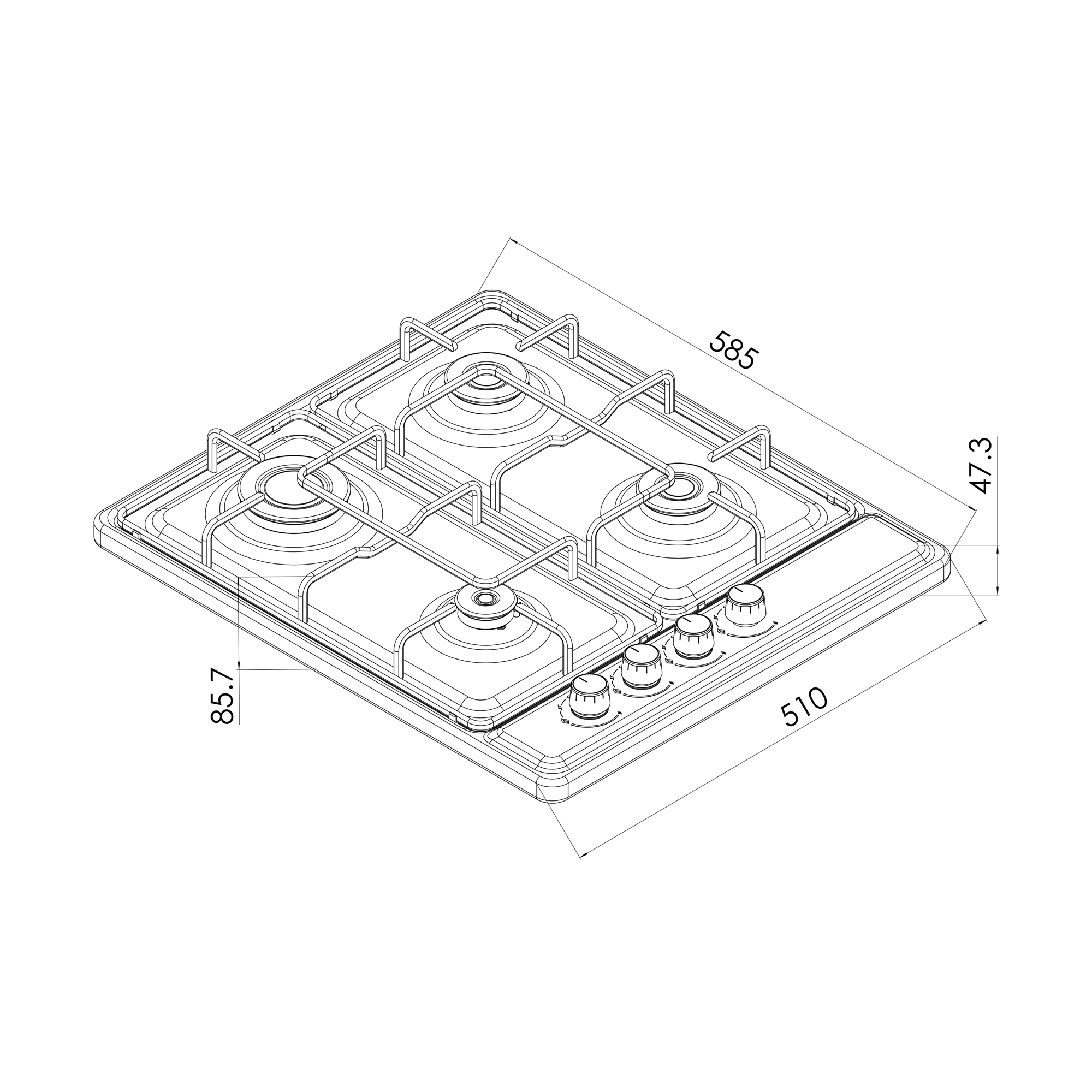 Technical drawing of a four-burner gas stove with control knobs.