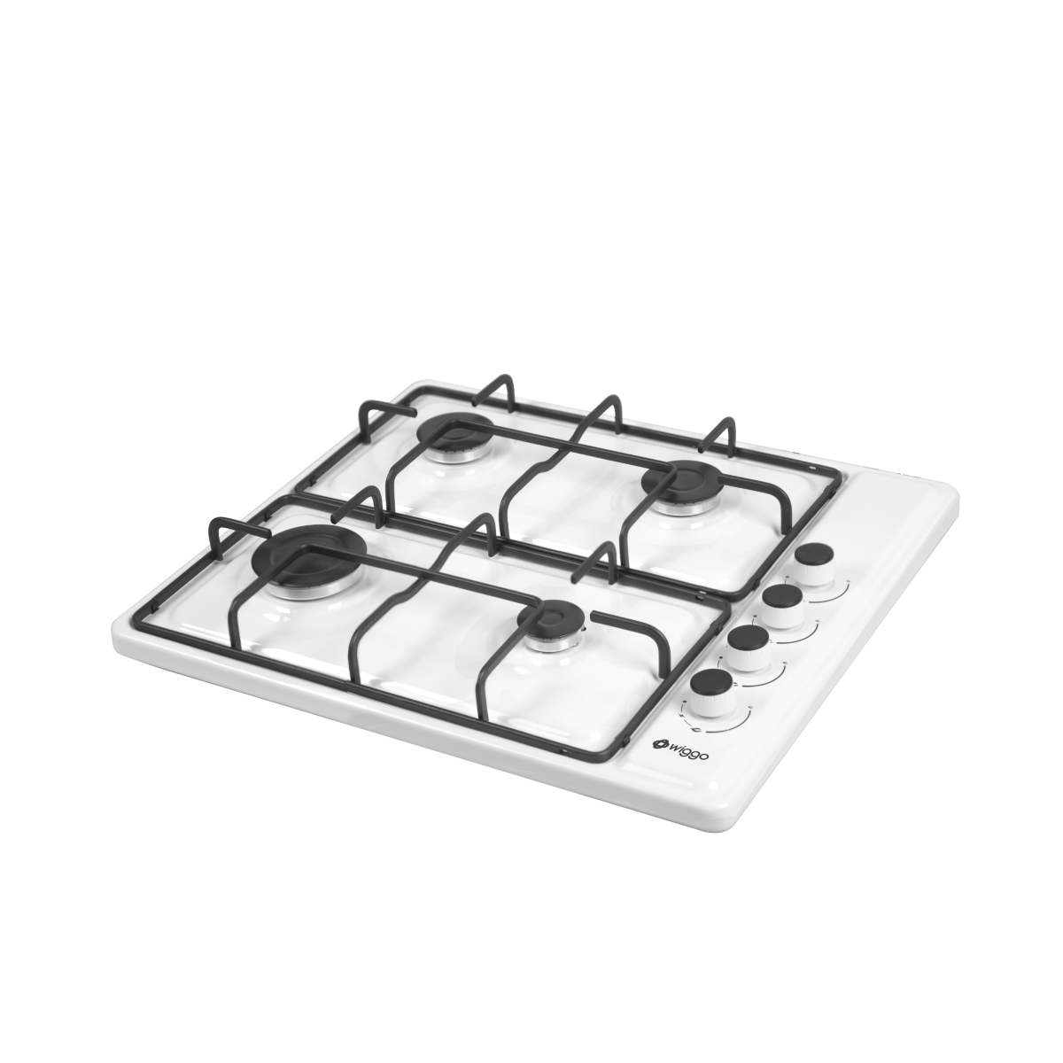 A white gas stove with four burners and black grates.