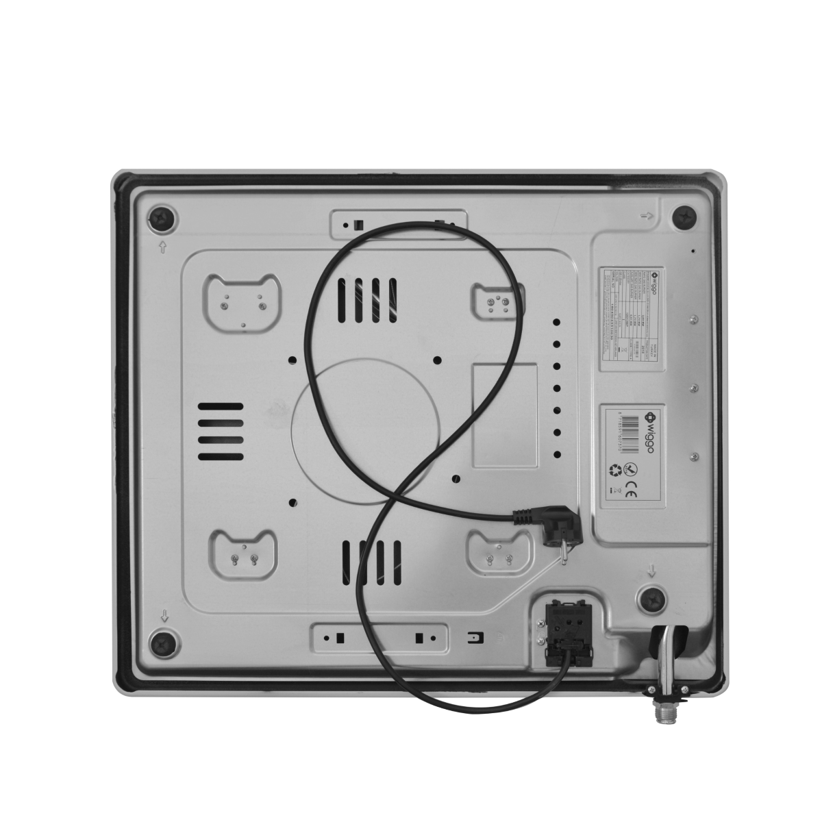 Underside of a silver electric hob showing a black cord, label, and vents.