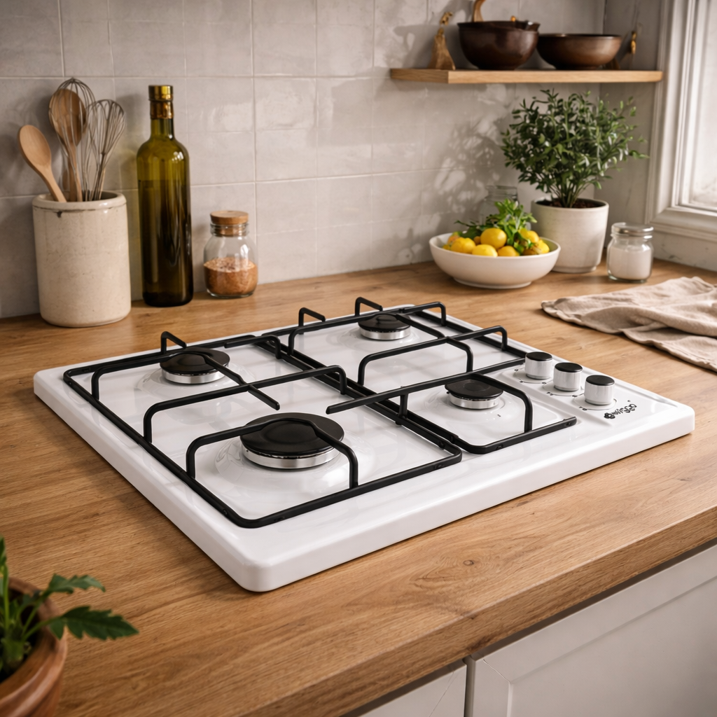 A white gas hob with black grates on a wooden countertop.