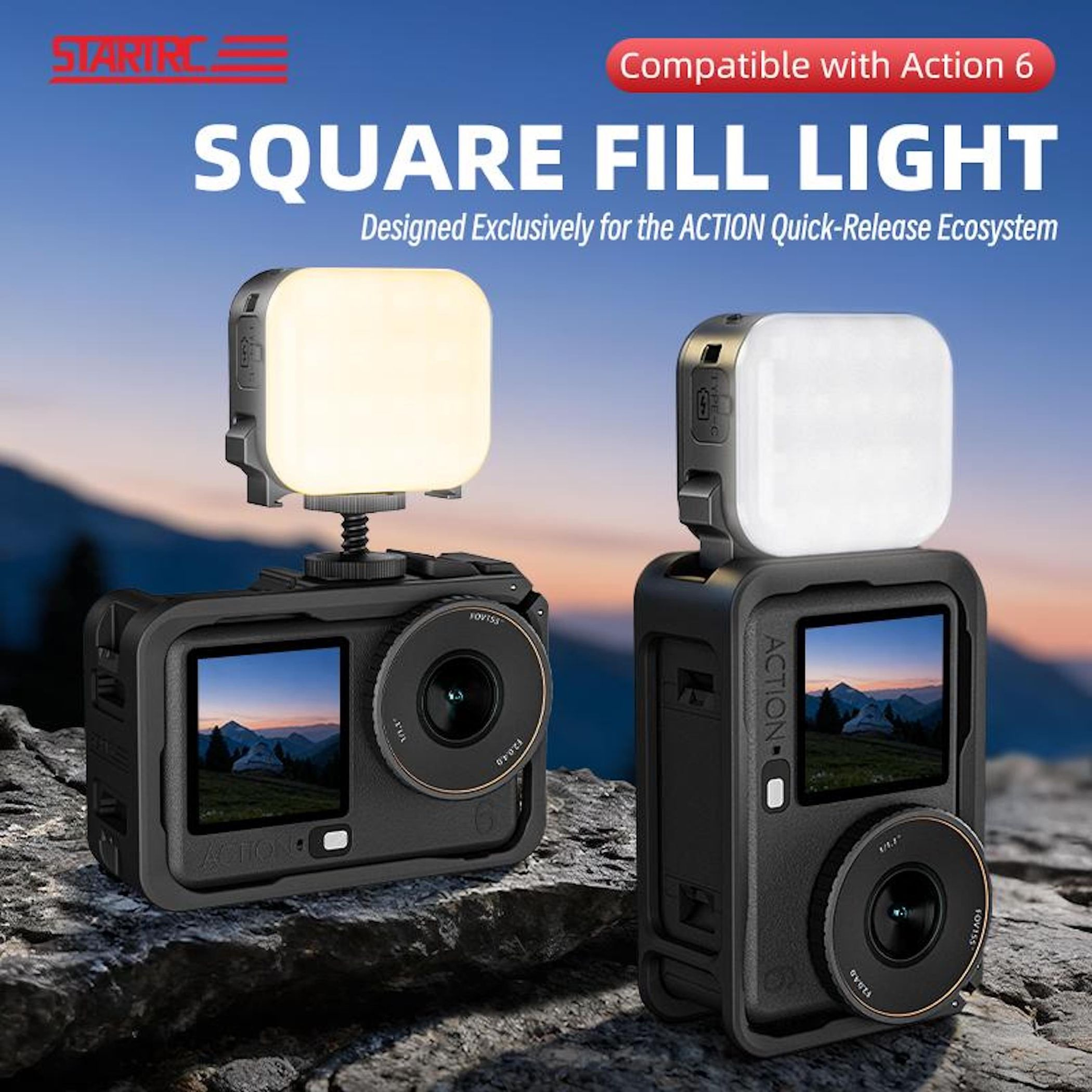 Zwei Action-Kameras mit quadratischem Aufsatzlicht auf Felsen vor Bergkulisse.