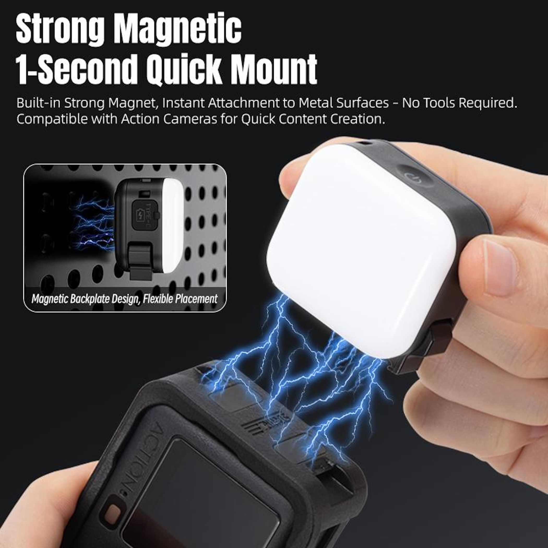 Eine Hand hält eine weiße magnetische Kamera-Halterung über eine Action-Kamera.