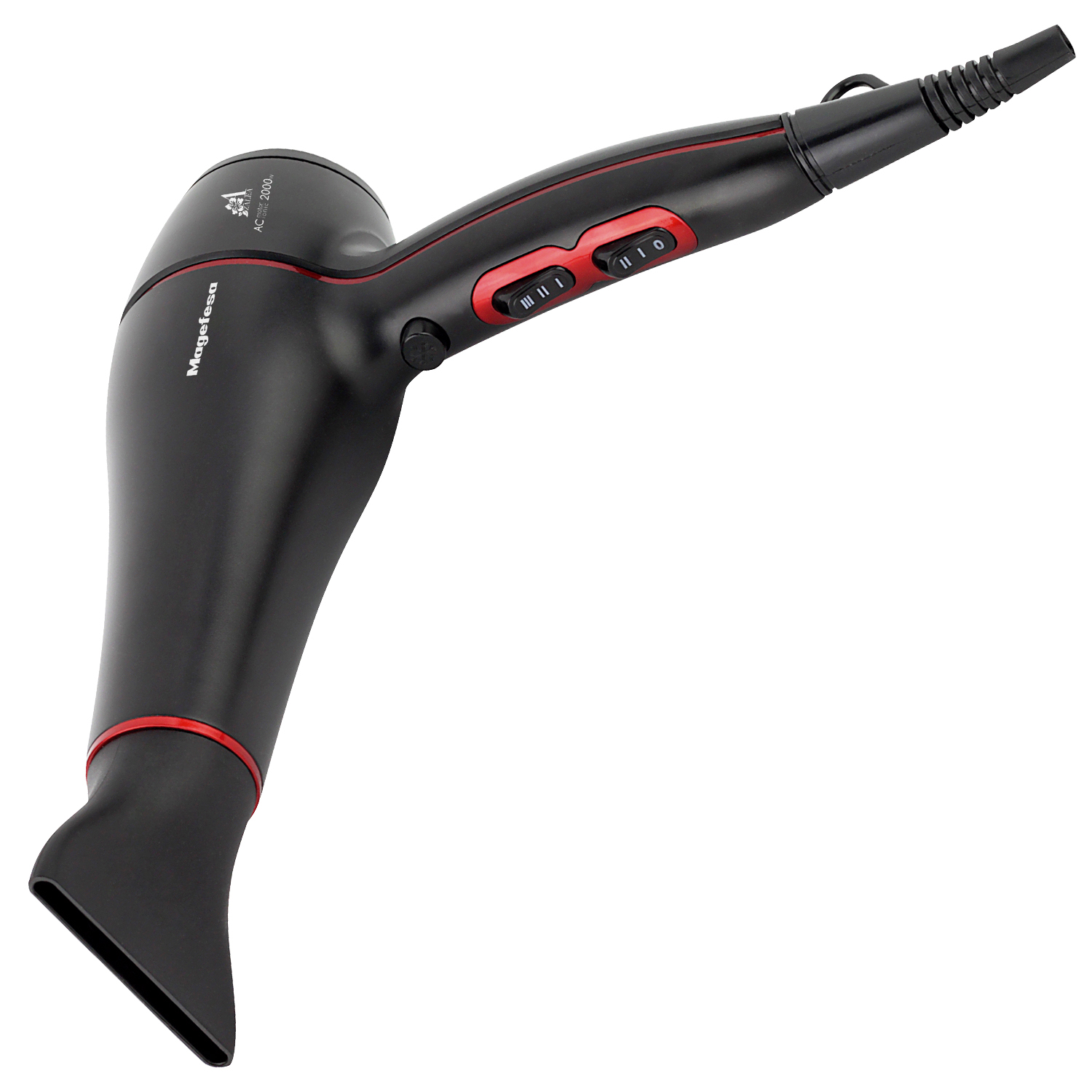 Secador de pelo Magefesa negro con detalles y botones rojos.