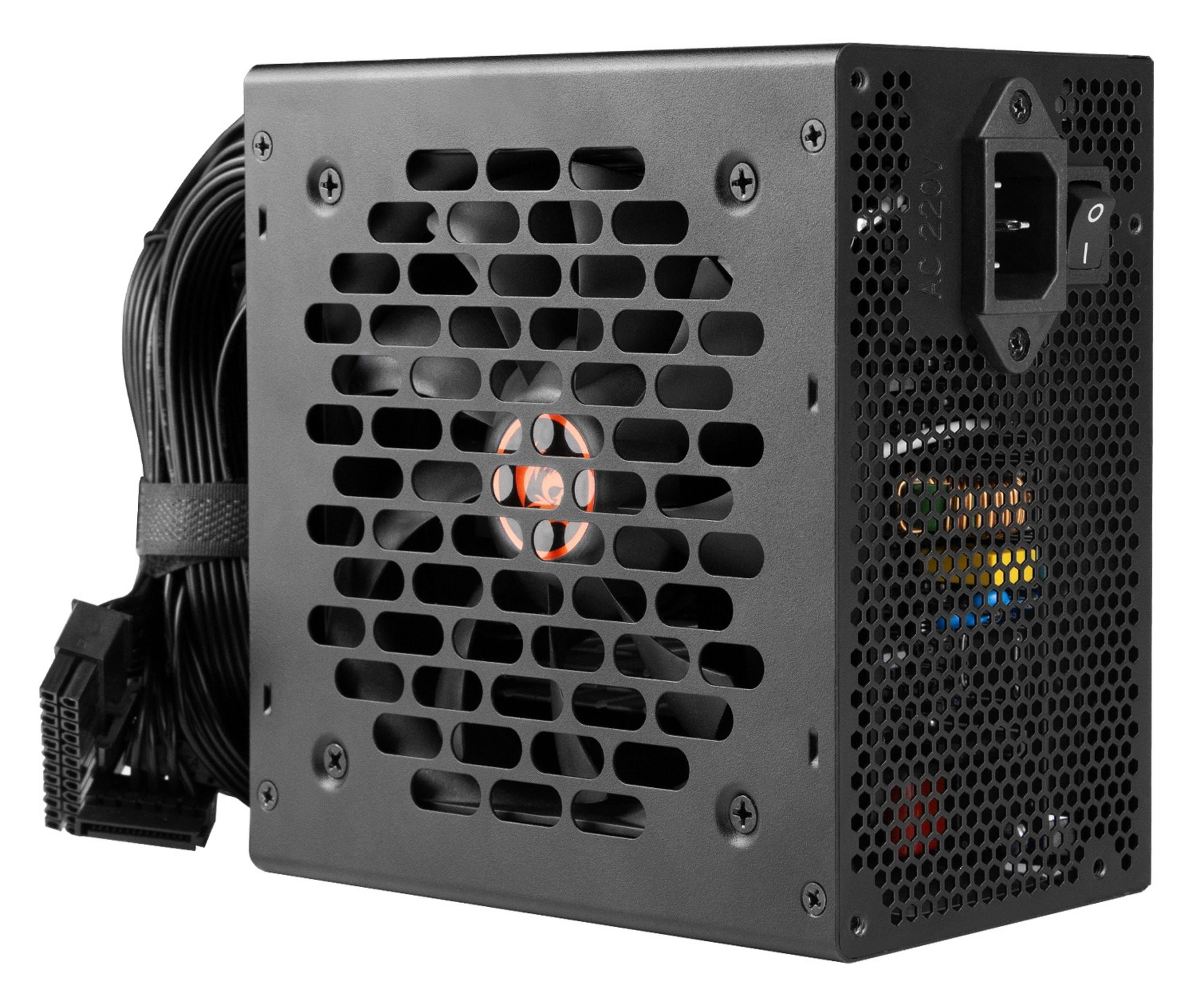 Alimentatore nero con cavi, ventola e interruttore. Schede elettroniche visibili.