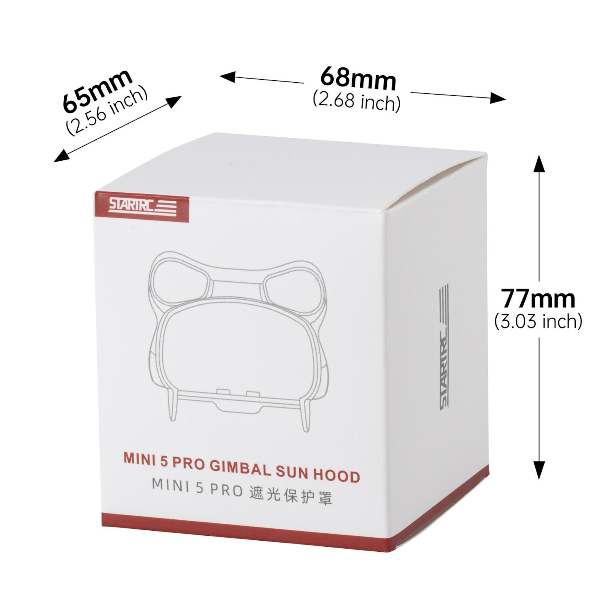 Weiße Box mit Maßen und Produktabbildung für DJI Mini 5 Pro Gimbal Sonnenblende.