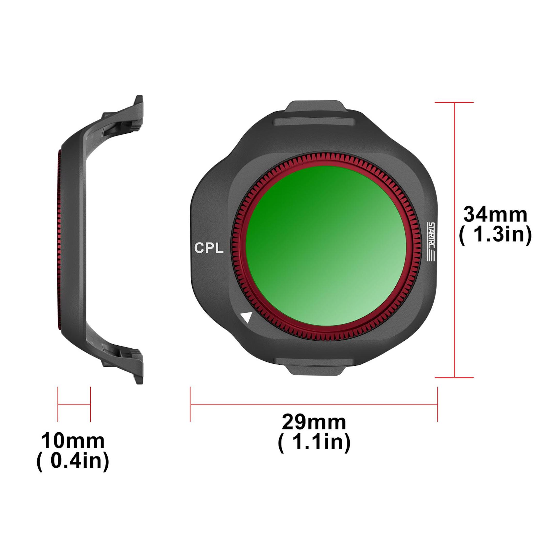 Grauer CPL-Filter mit grüner Linse und Maßangaben: 34mm, 29mm, 10mm.