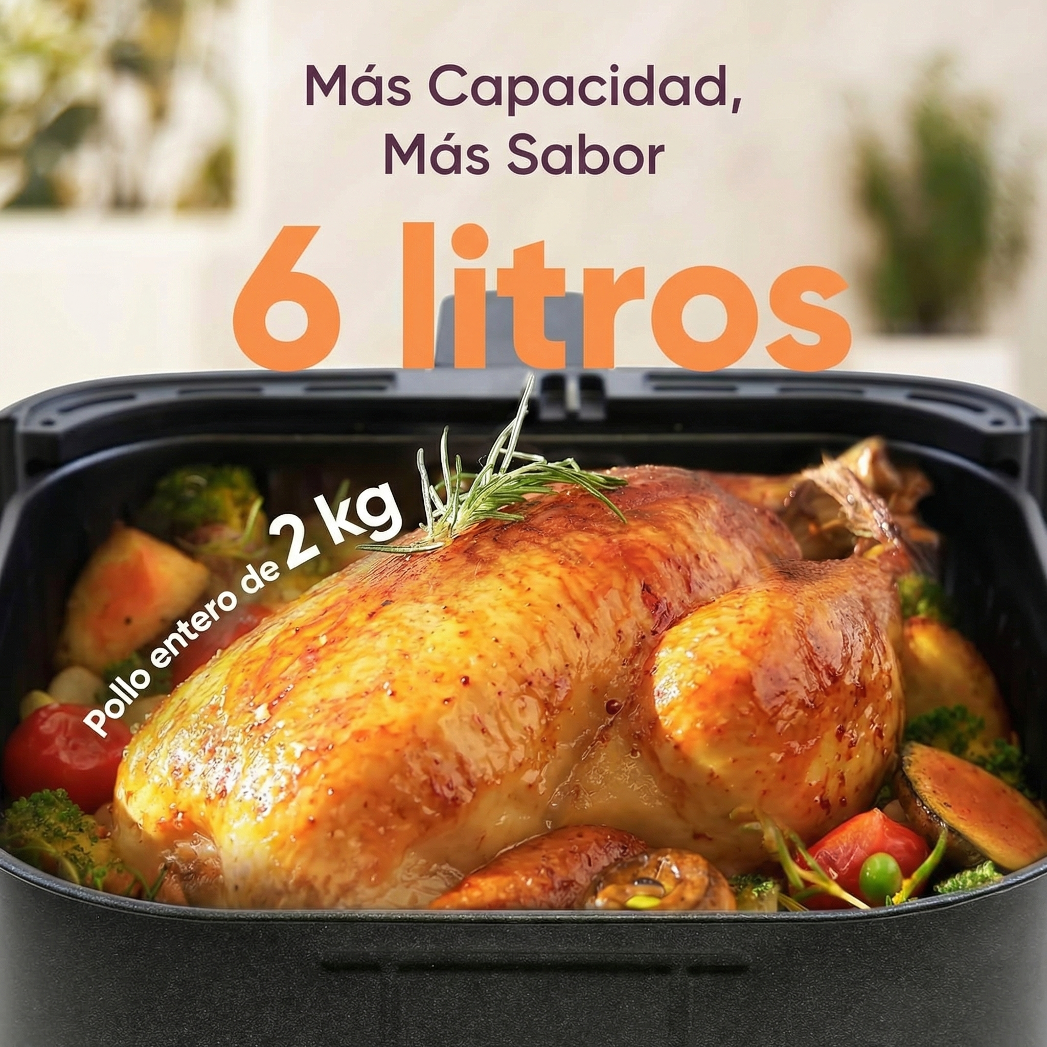 Un pollo asado entero con verduras en una freidora de aire.