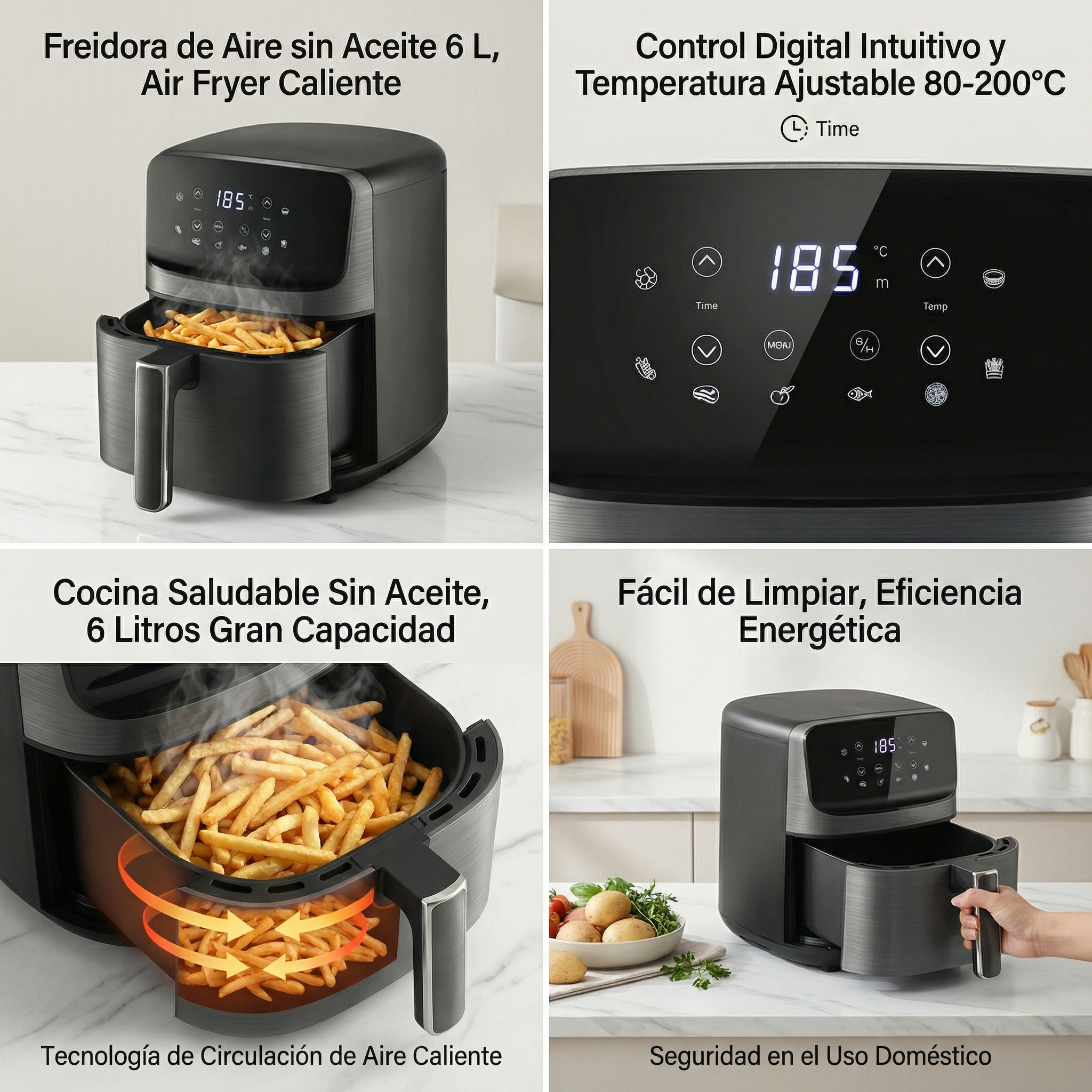 Se muestra una freidora de aire negra con papas fritas y pantalla digital.