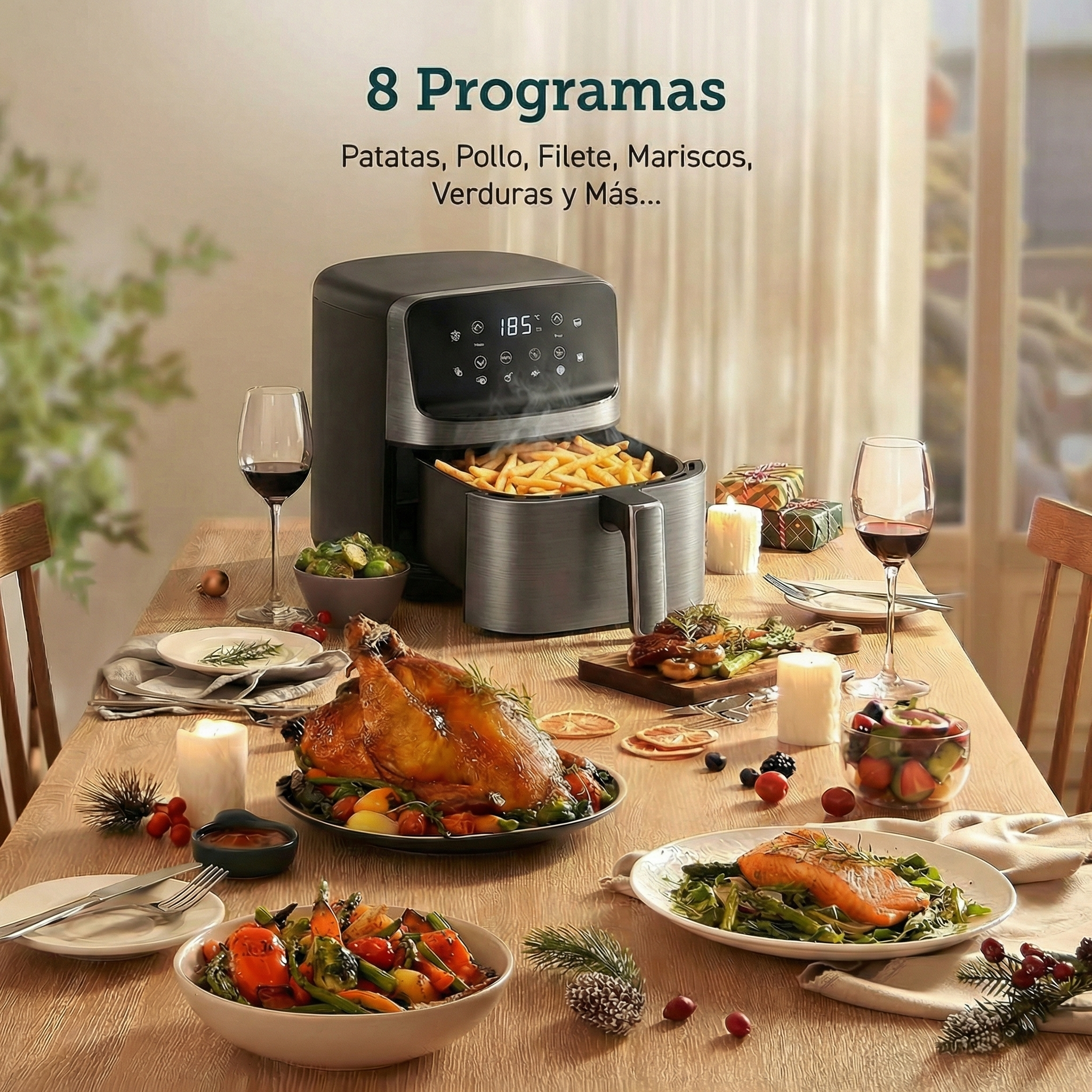 Mesa decorada festivamente con freidora de aire, pollo asado y salmón.