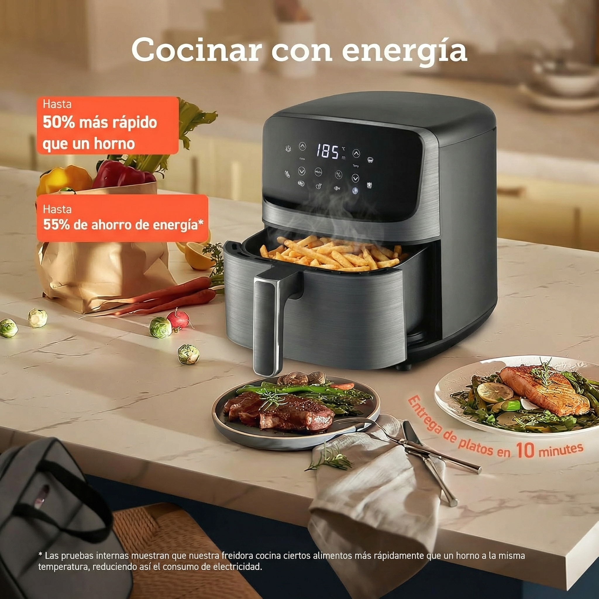 Una freidora de aire con papas fritas, bistec y salmón en una encimera.