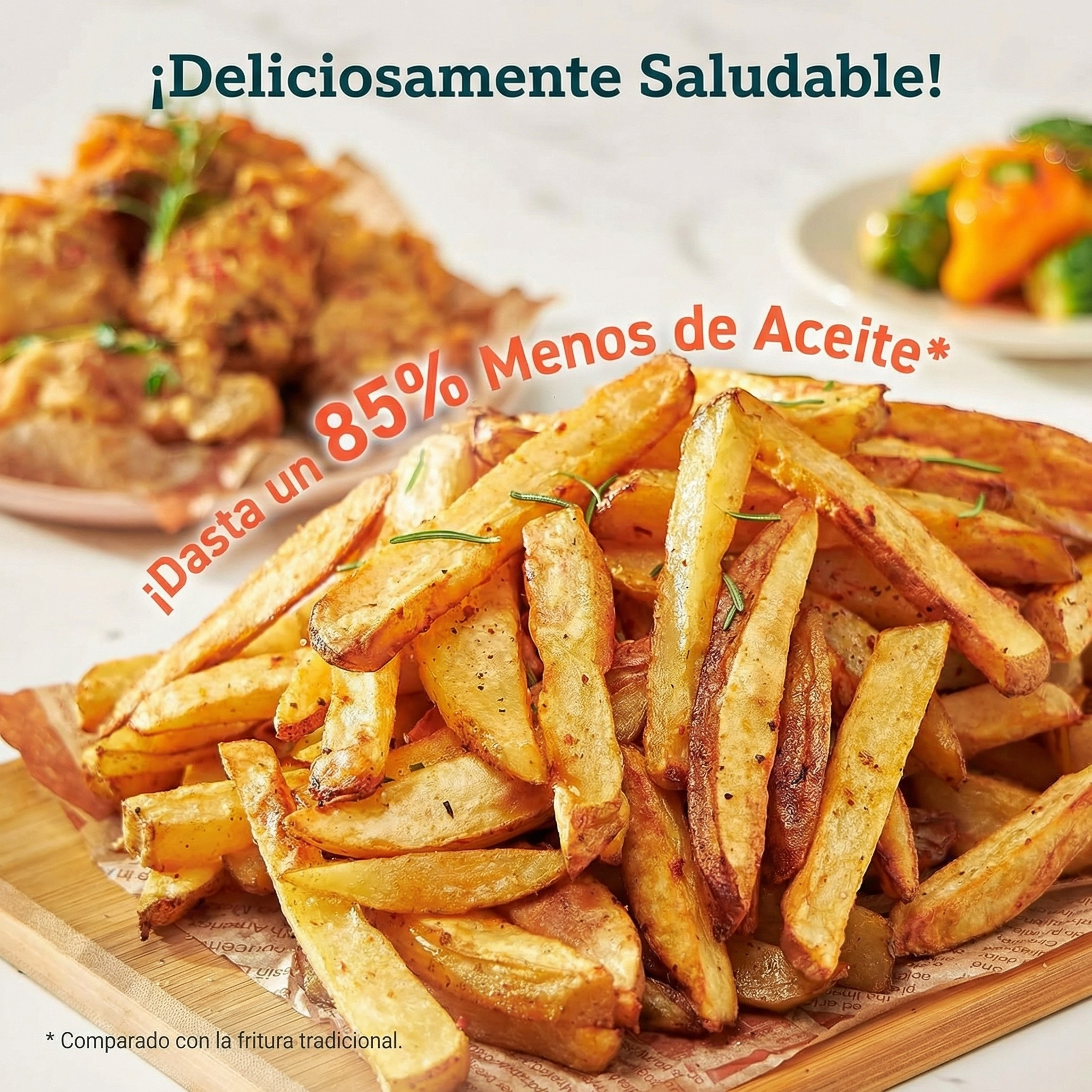 Una pila de papas fritas doradas con hierbas sobre una tabla de madera.