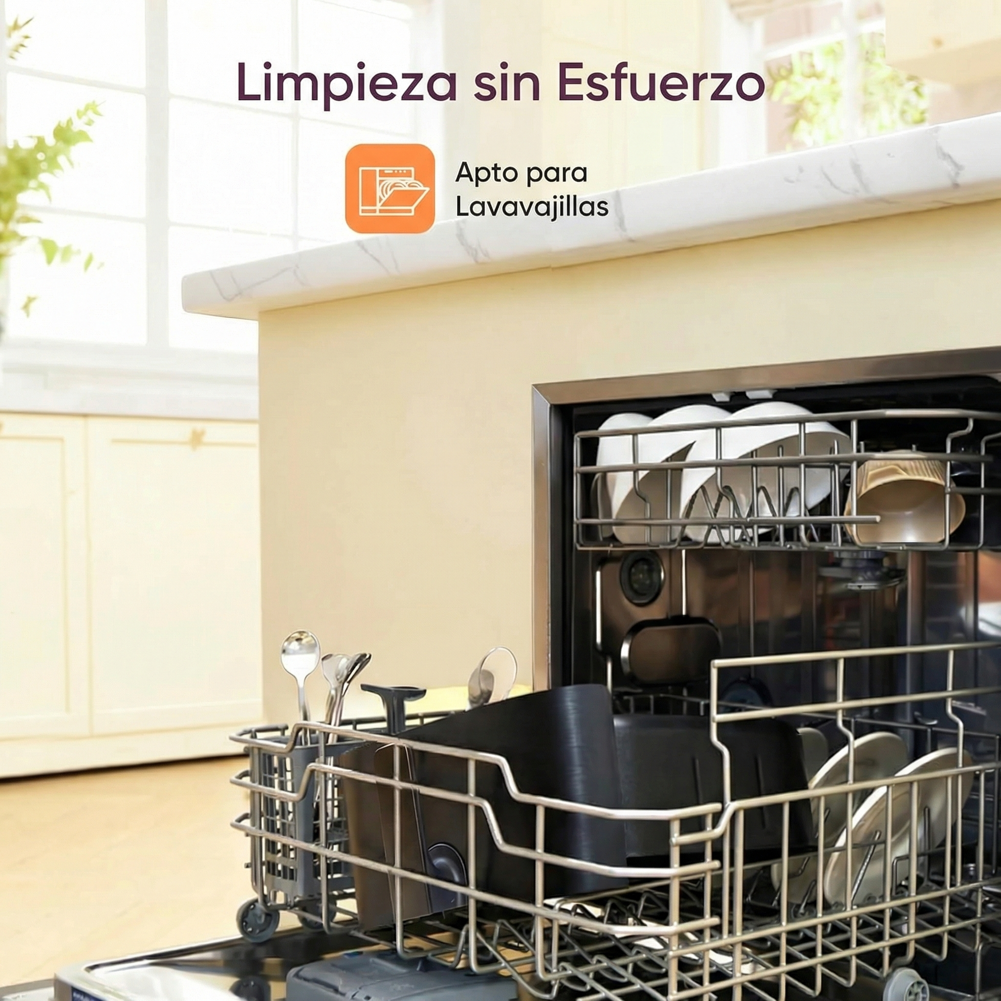 Cesta de lavavajillas con platos y tazas, cesta de cubiertos al lado. Texto: Limpieza sin esfuerzo.