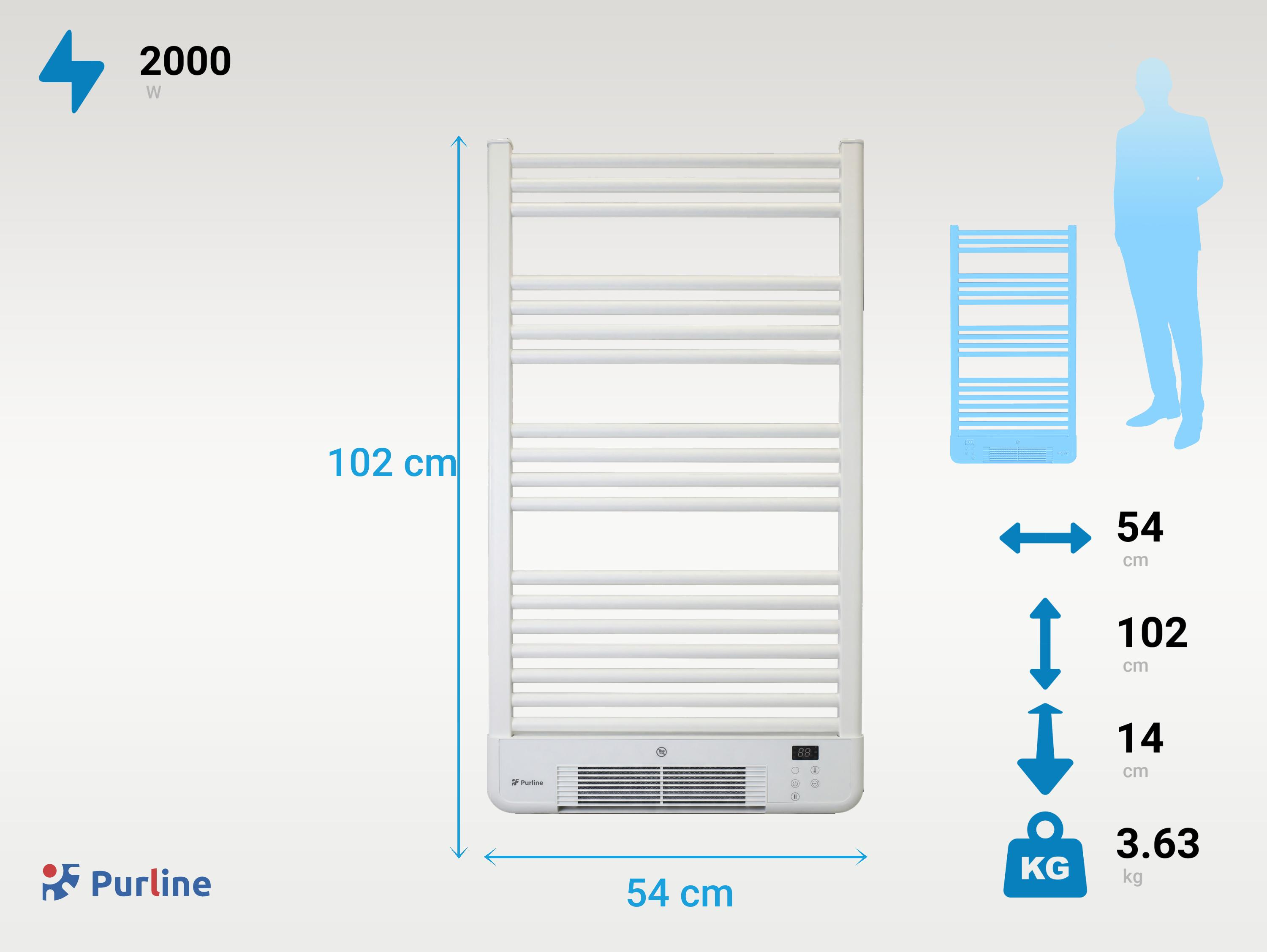 Secador de toallas blanco, 2000W, 102cm alto, 54cm ancho, 14cm fondo, 3.63kg.