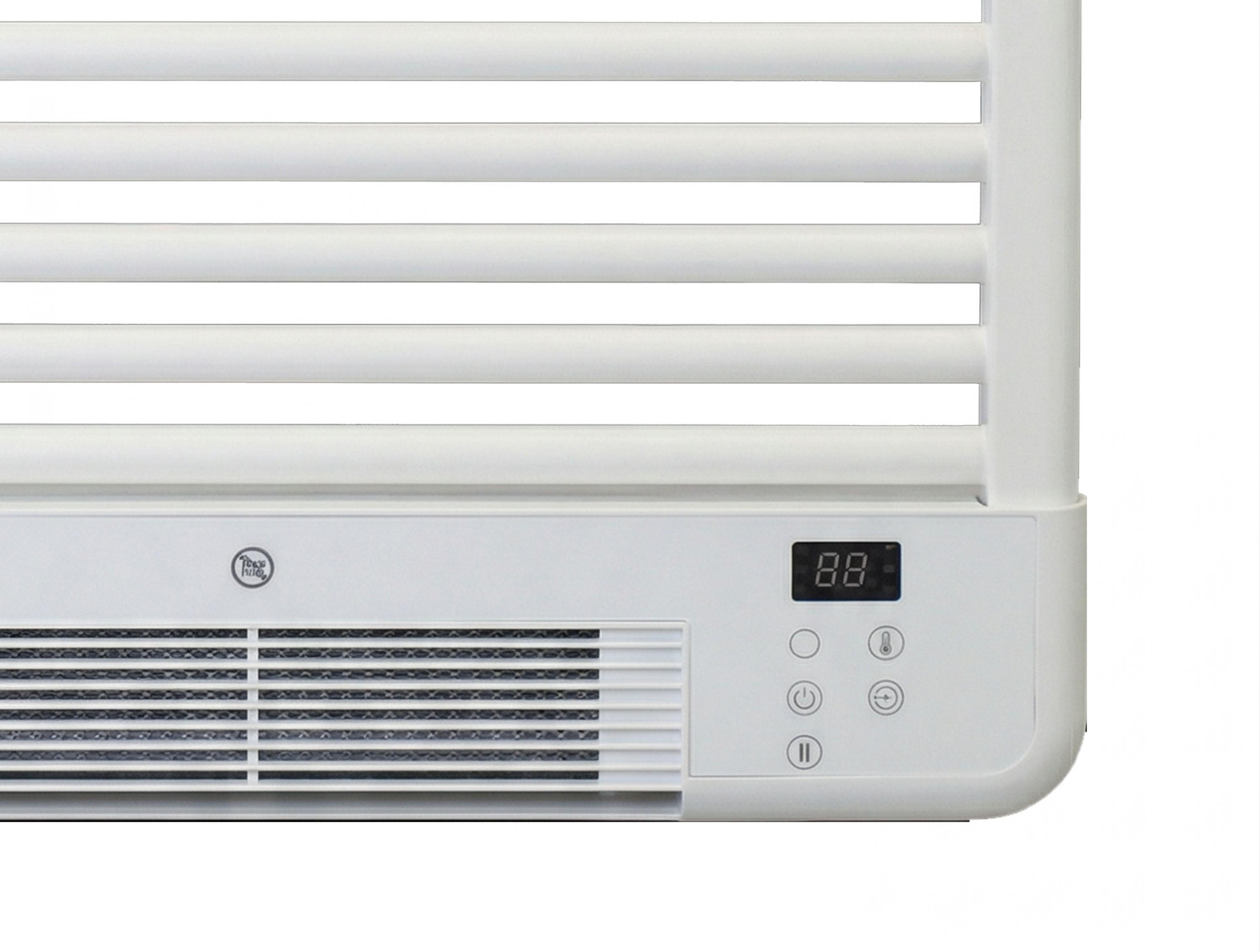 Un toallero blanco con pantalla digital y botones de control.