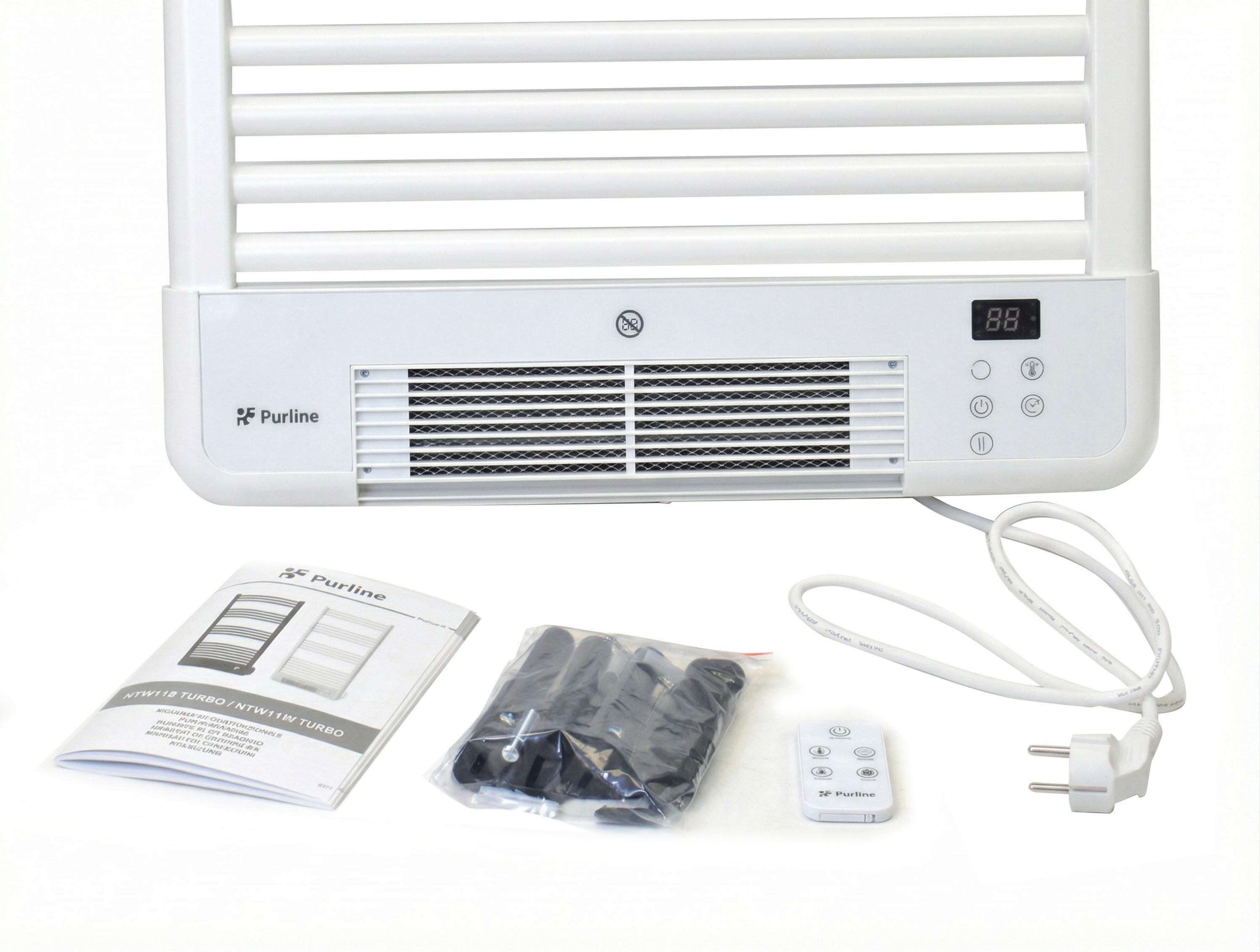 Un toallero blanco con mando, cable y manual.