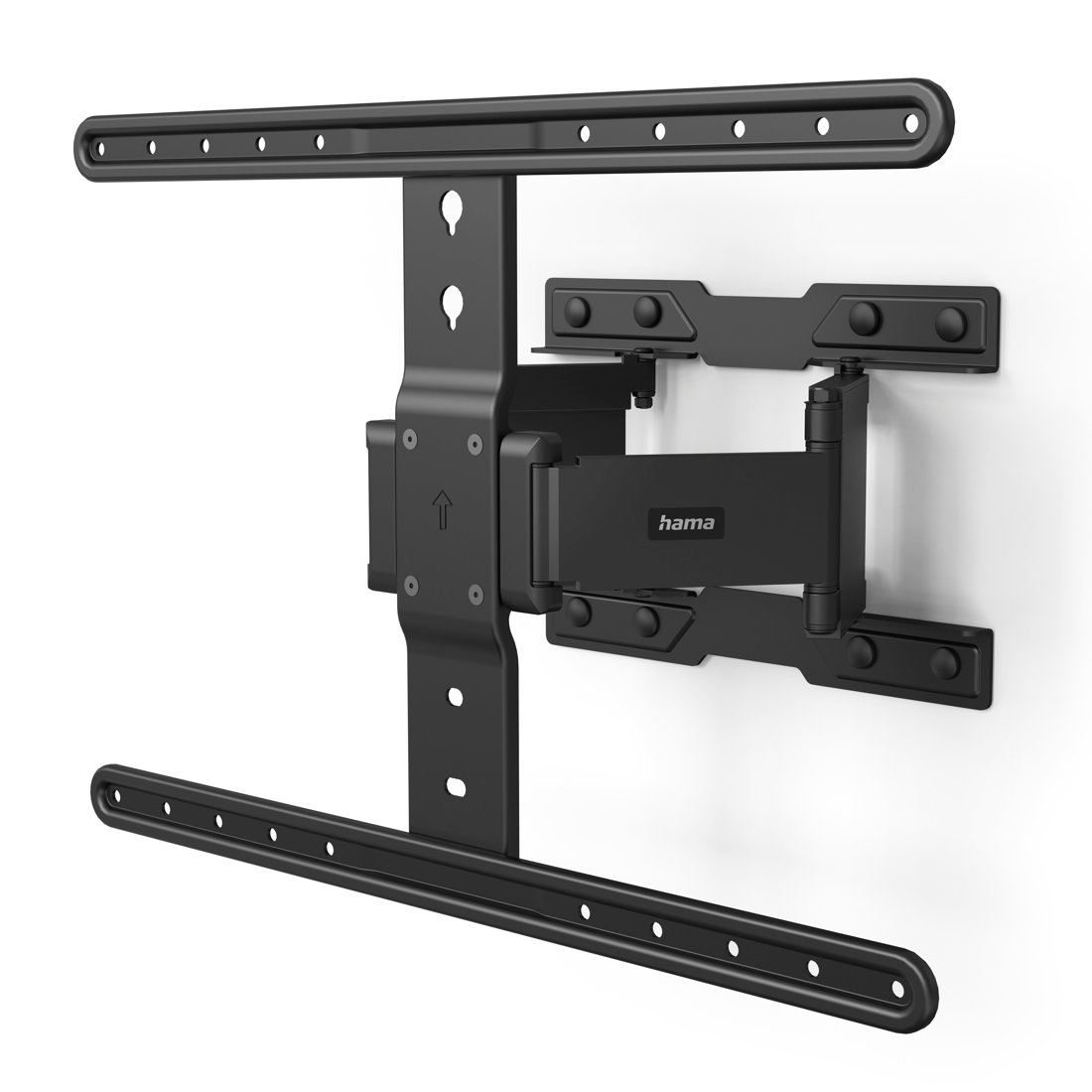 Czarny, regulowany uchwyt ścienny do TV z ramieniem przegubowym i logo Hama.