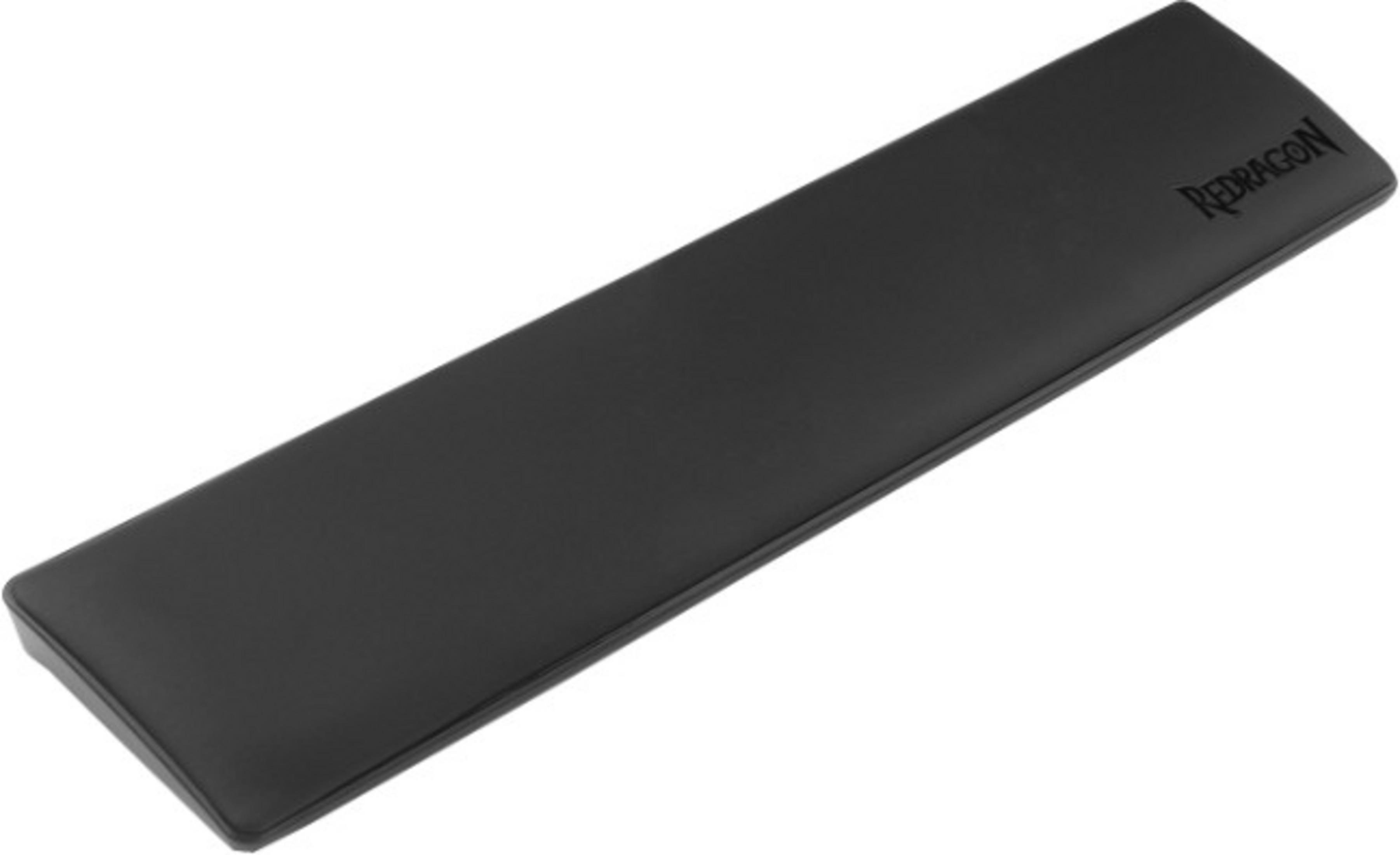 Black wrist rest pad with red logo on the top right.