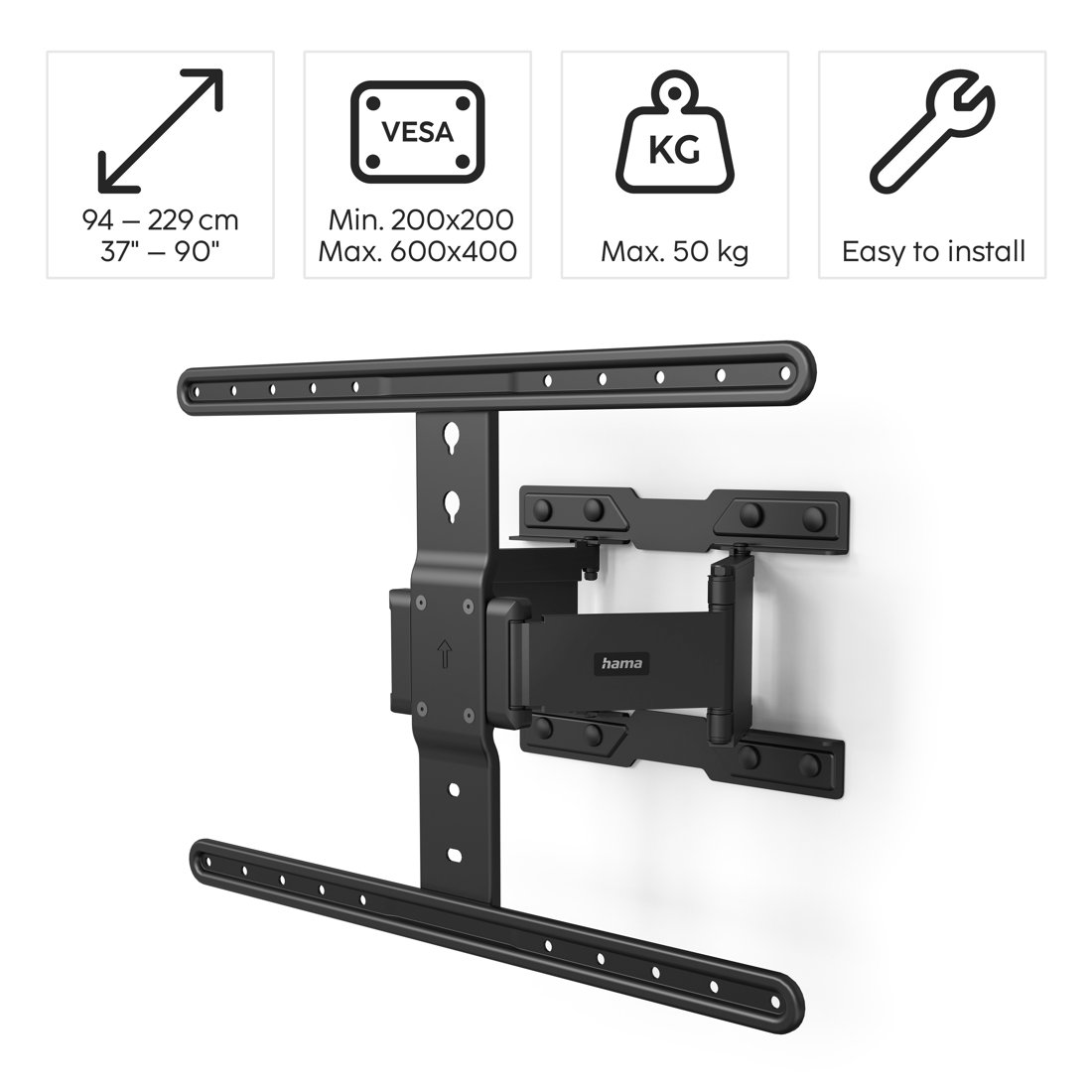 Czarny uchwyt ścienny do telewizora, kompatybilny z VESA, do ekranów 37-90 cali.
