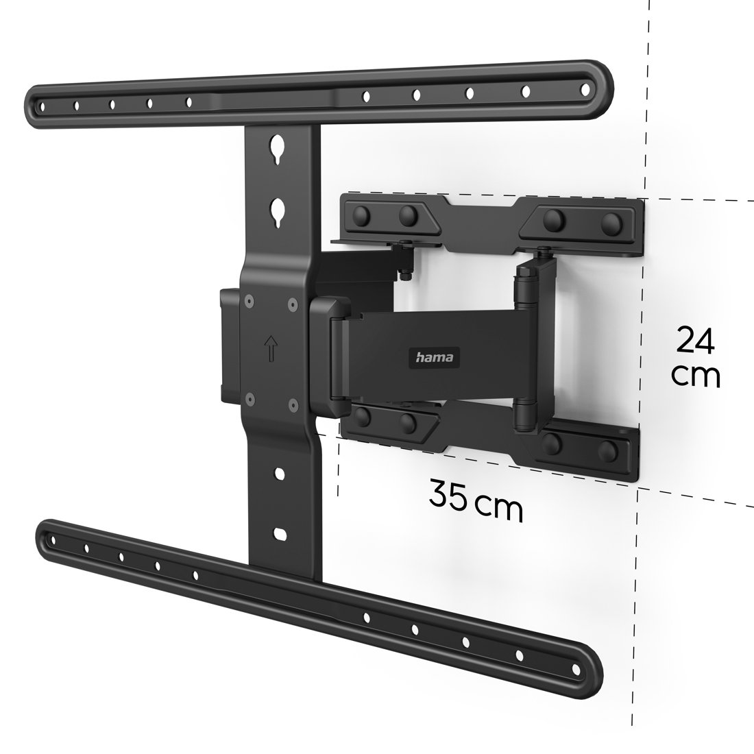 Czarny uchwyt ścienny z ramieniem przegubowym, wymiary 35x24 cm.