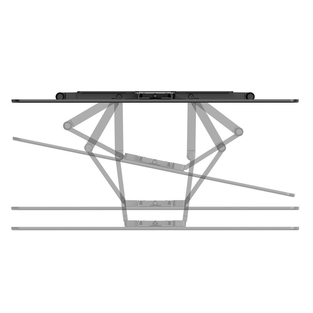 Szary, mechaniczny system ramion typu nożycowego z wieloma przegubami.