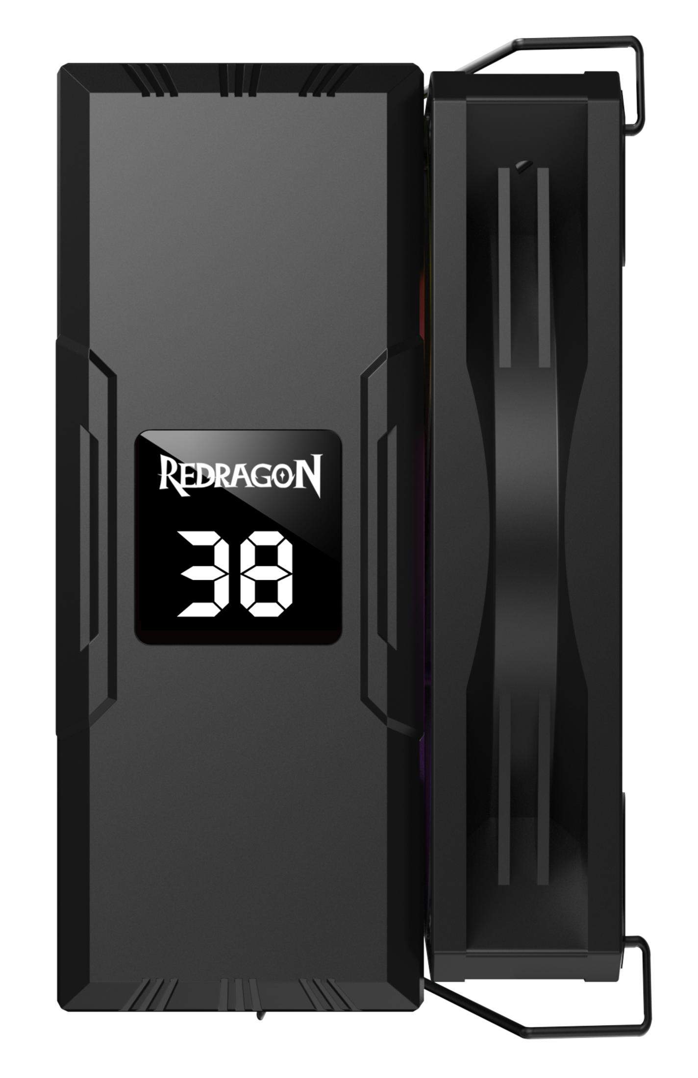 Case PC nero con logo Redragon e display digitale.