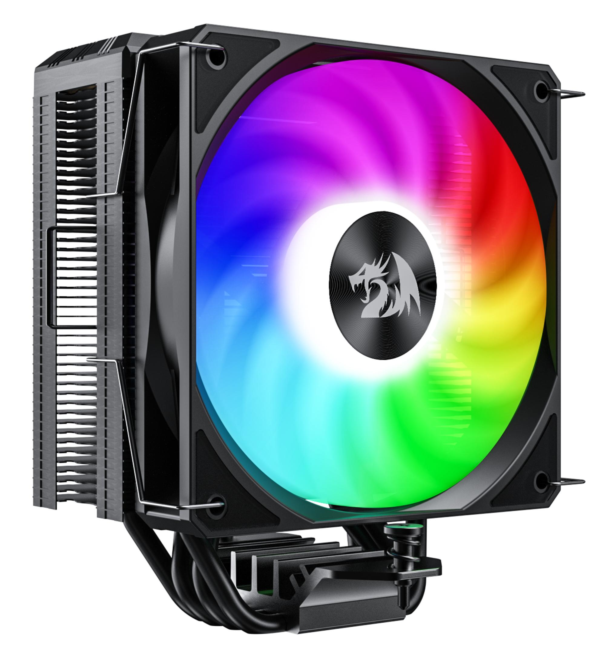 Un dissipatore CPU nero con ventola RGB e logo argentato.