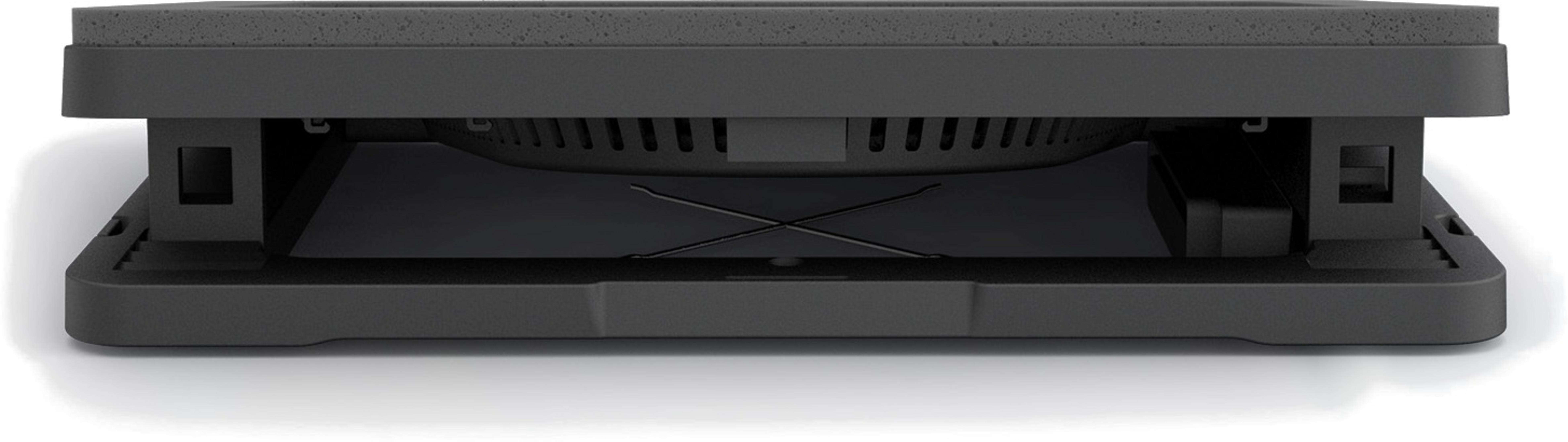 Dispositivo elettronico nero con fessure di ventilazione e componenti interni visibili.