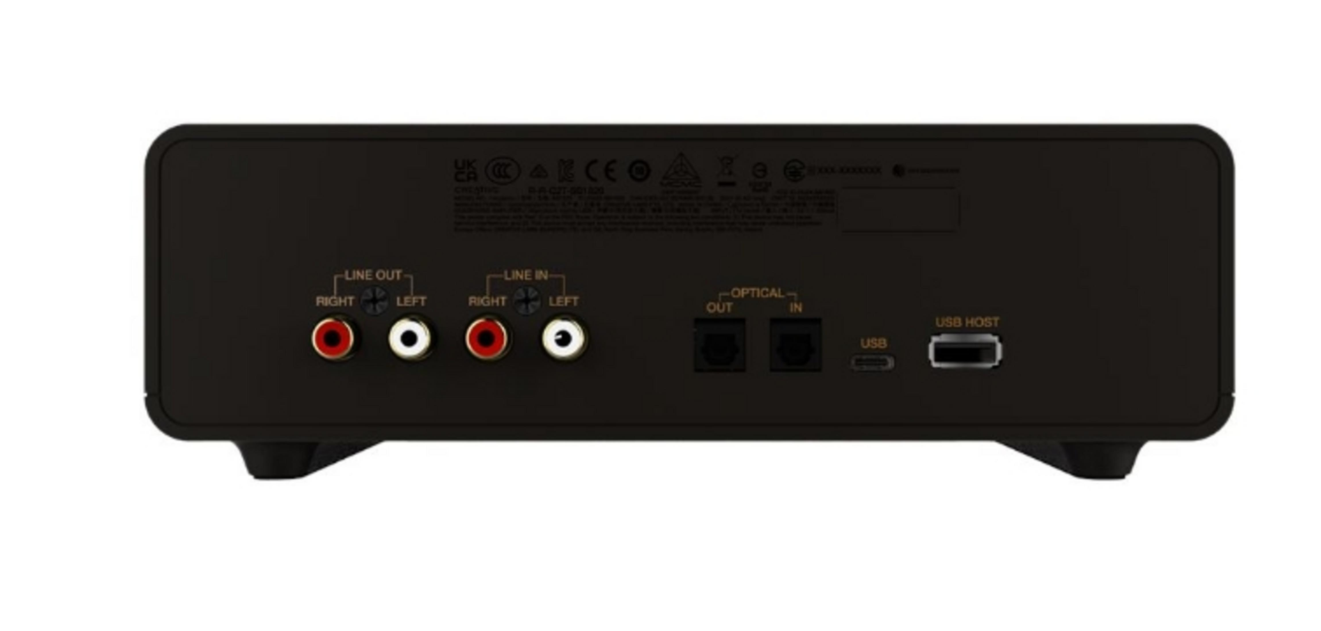 Tył czarnego urządzenia audio z portami Line Out, Line In, optycznym i USB.