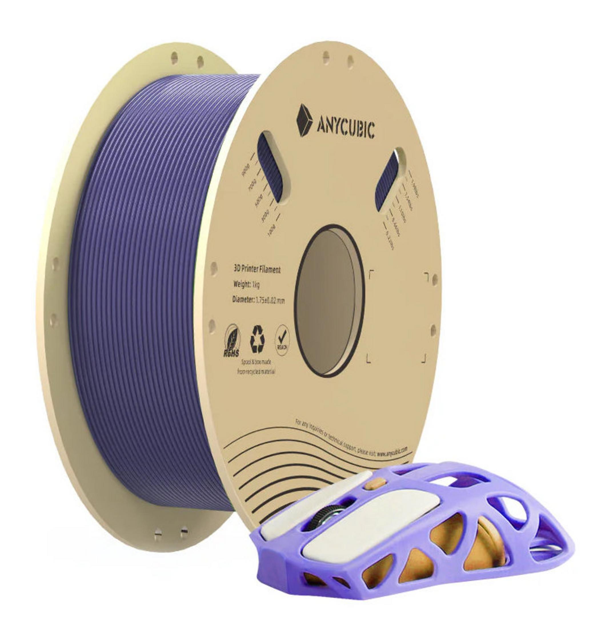Un rocchetto di filamento blu per stampante 3D accanto a un mouse viola.
