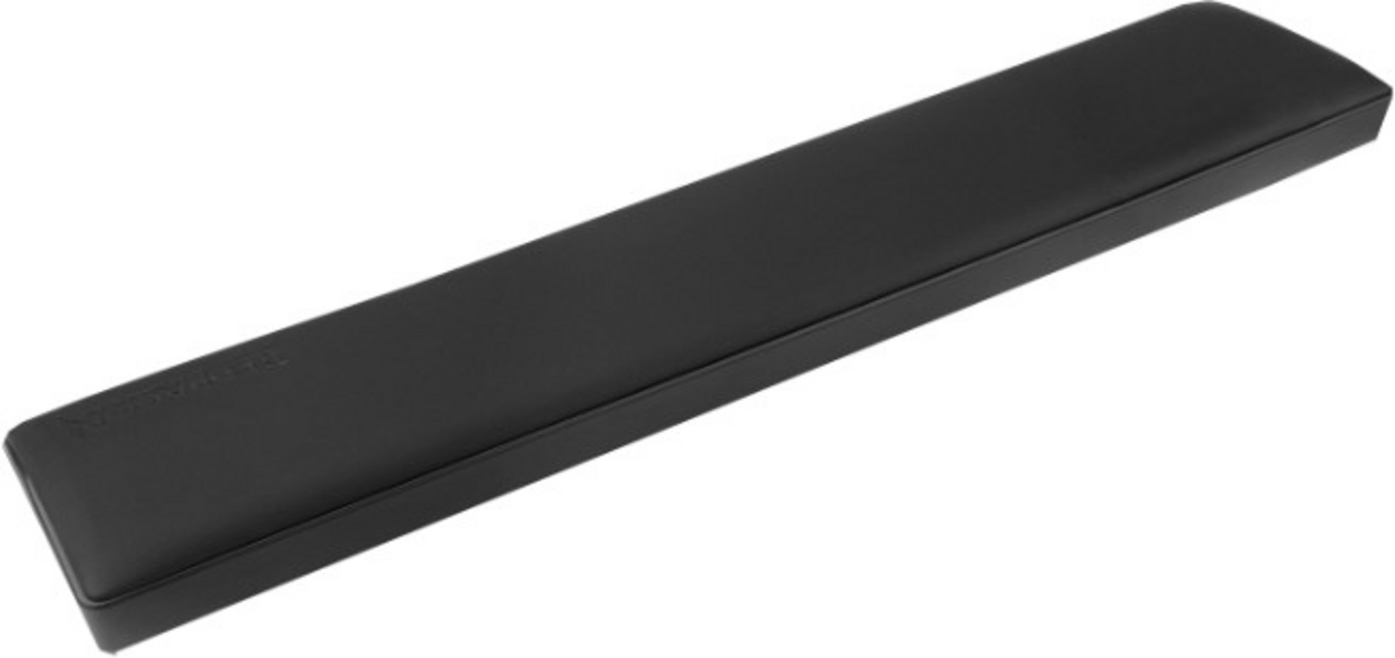 Czarna, wyściełana podkładka pod nadgarstki z delikatnym tekstem.